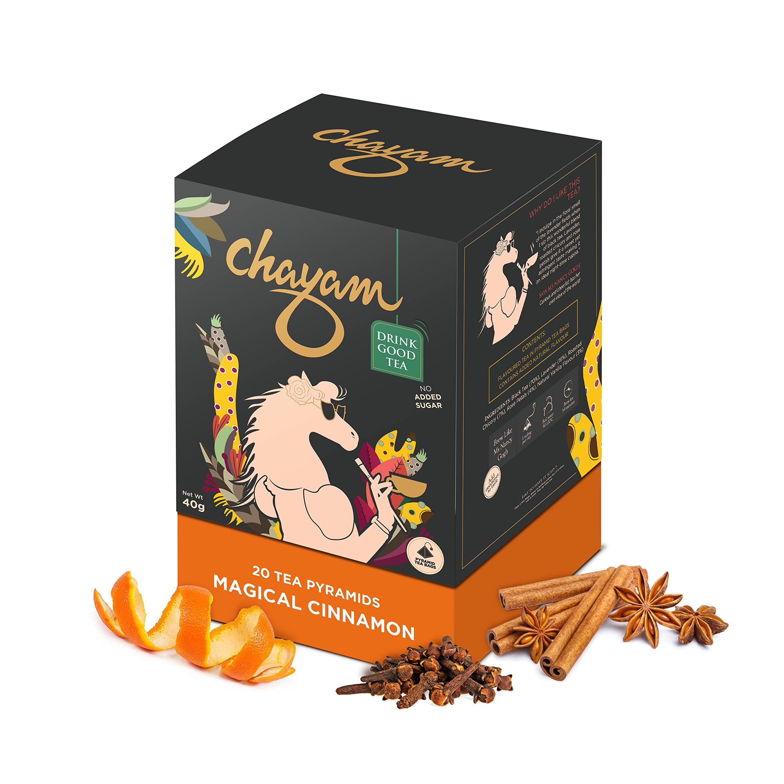 CHAYAM Cinnamon Tea Bags with Orange Peel, Clove, Star Anise | 20 Tea Bags, Pack of 1 | Cinnamon Green Tea | 100% Natural Real and Whole Ingredients | Herbal Tea