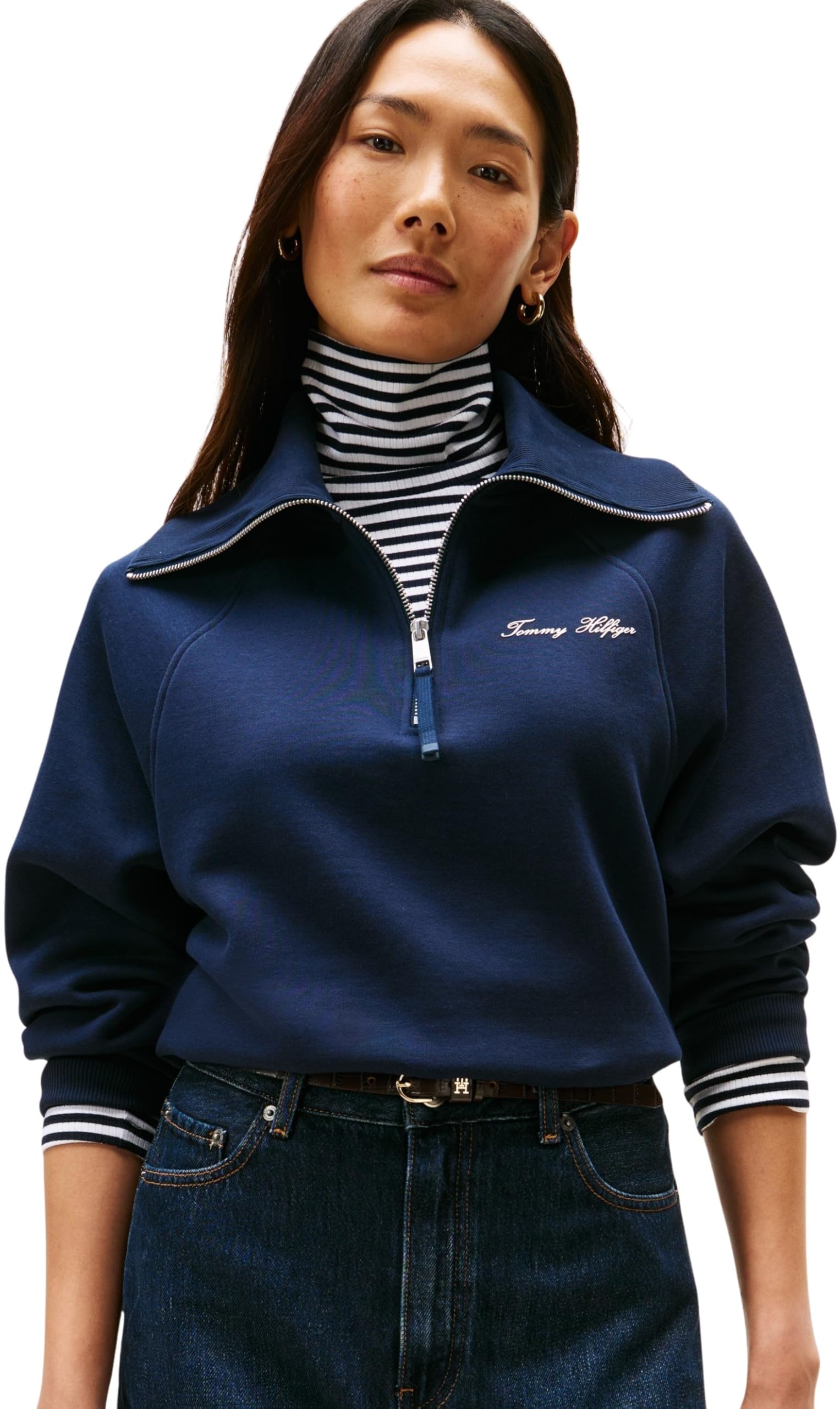Tommy Hilfiger Damen Sweatshirt mit Reißverschluss Classic Script Fleece Half-Zip