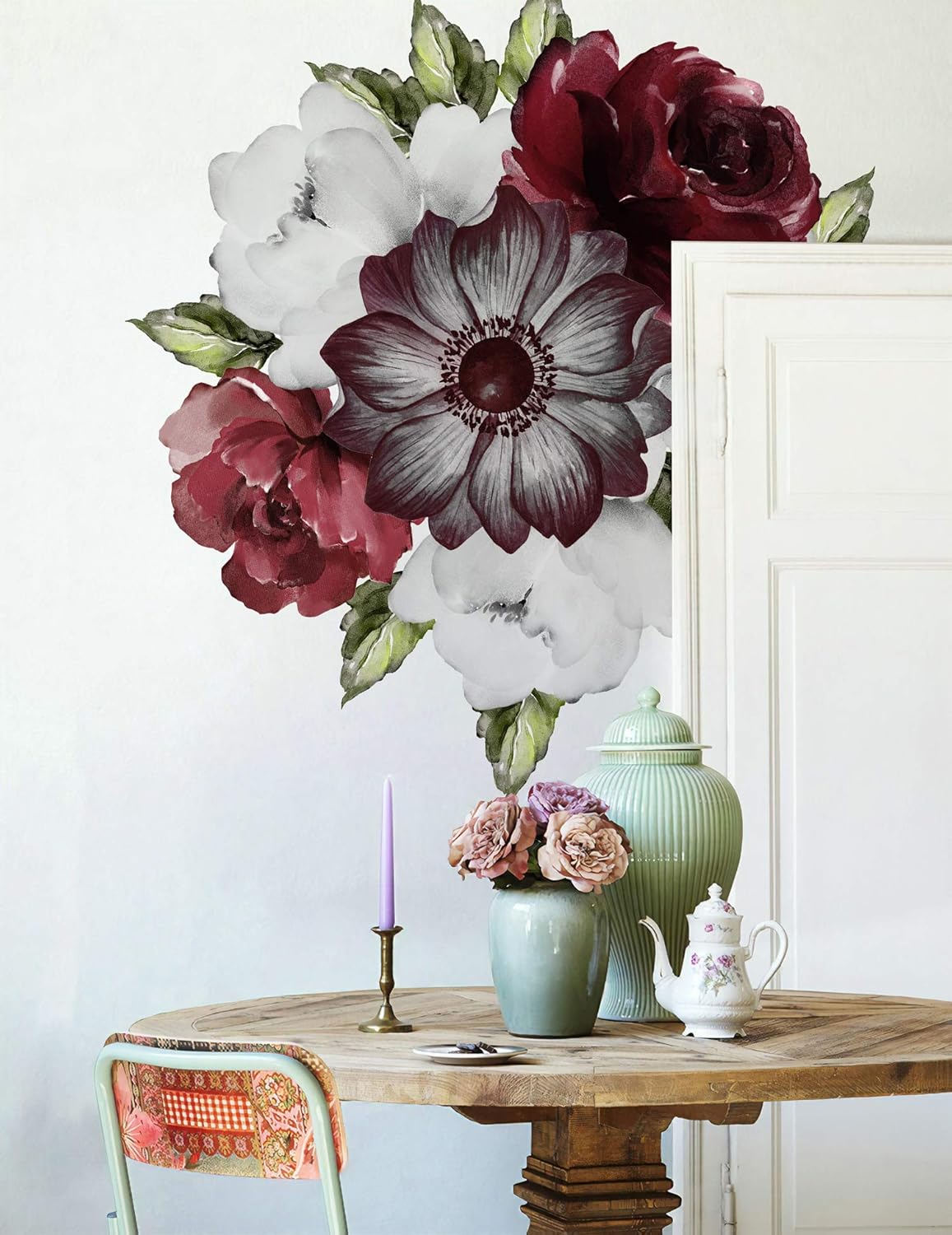 Murwall Floral Wall Decal Watercolor Bouqet Wall Sticker Red Rose Peel n Stick Anemone Florals Decals for Livingroom Bedroom