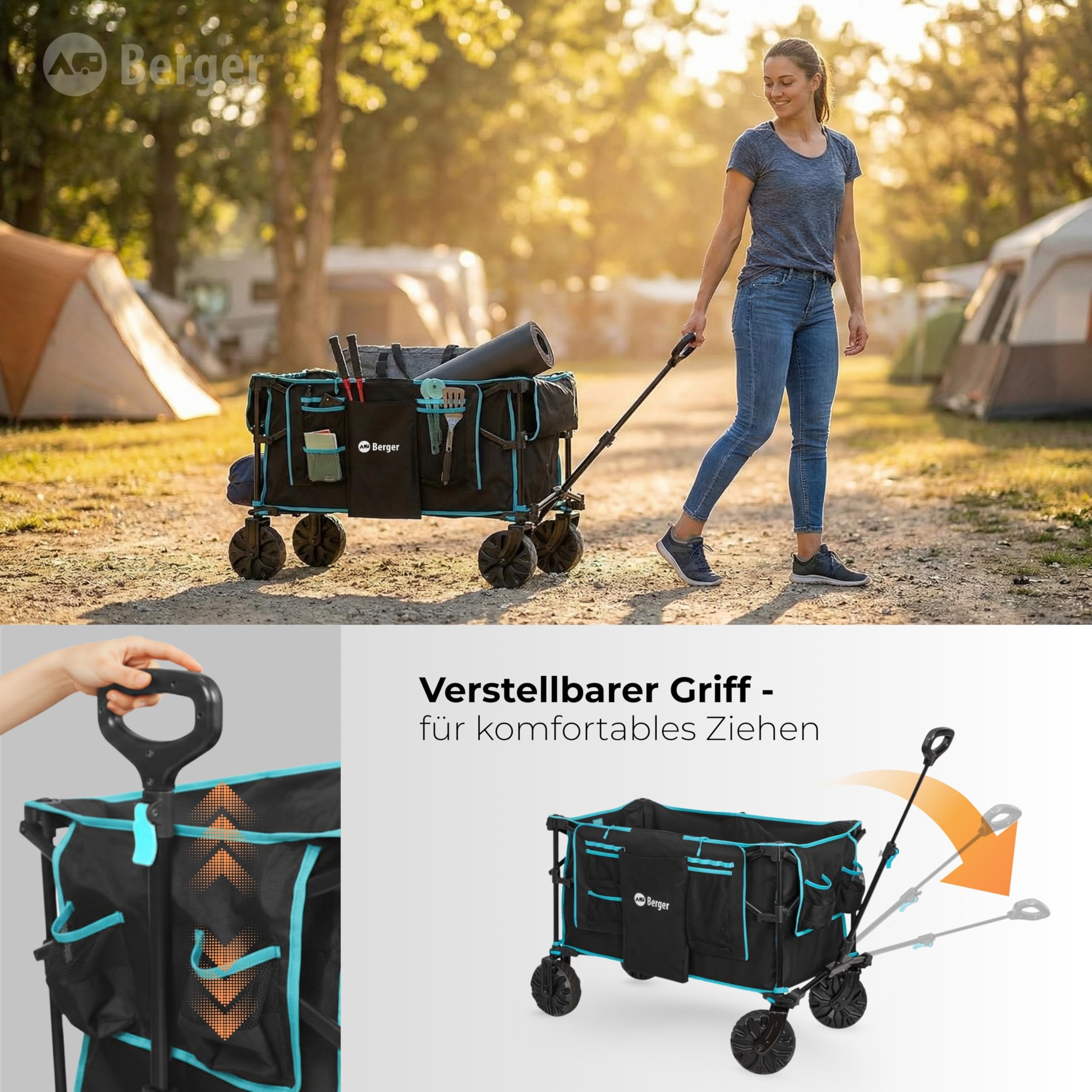 BERGER Waimea Offroad Bollerwagen | Transportwagen klappbar mit verstellbarem Griff & 360° drehbare Vorderräder | Handwagen für Gelände Outdoor Camping Einkaufen