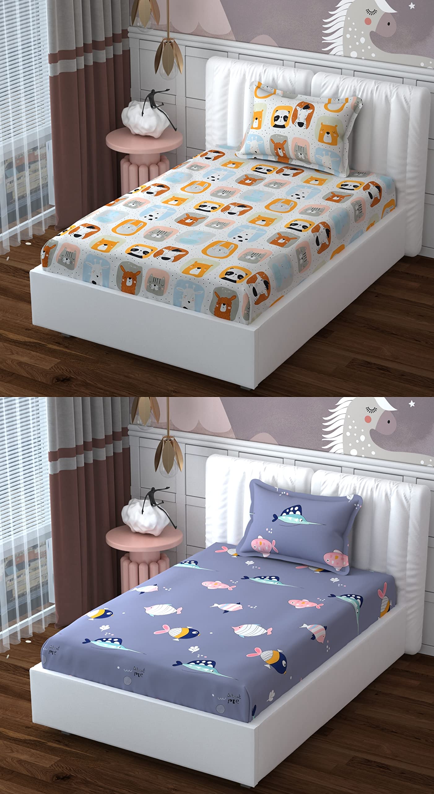 Cotton Super Soft Single Bedsheet For Kids Room Combo (Pack of 2) With 2 Pillow Covers|Thread Count-160|Long Lasting & Wrinkle Free-60 * 90 Inches (Off White:Latin Blue)-image-48