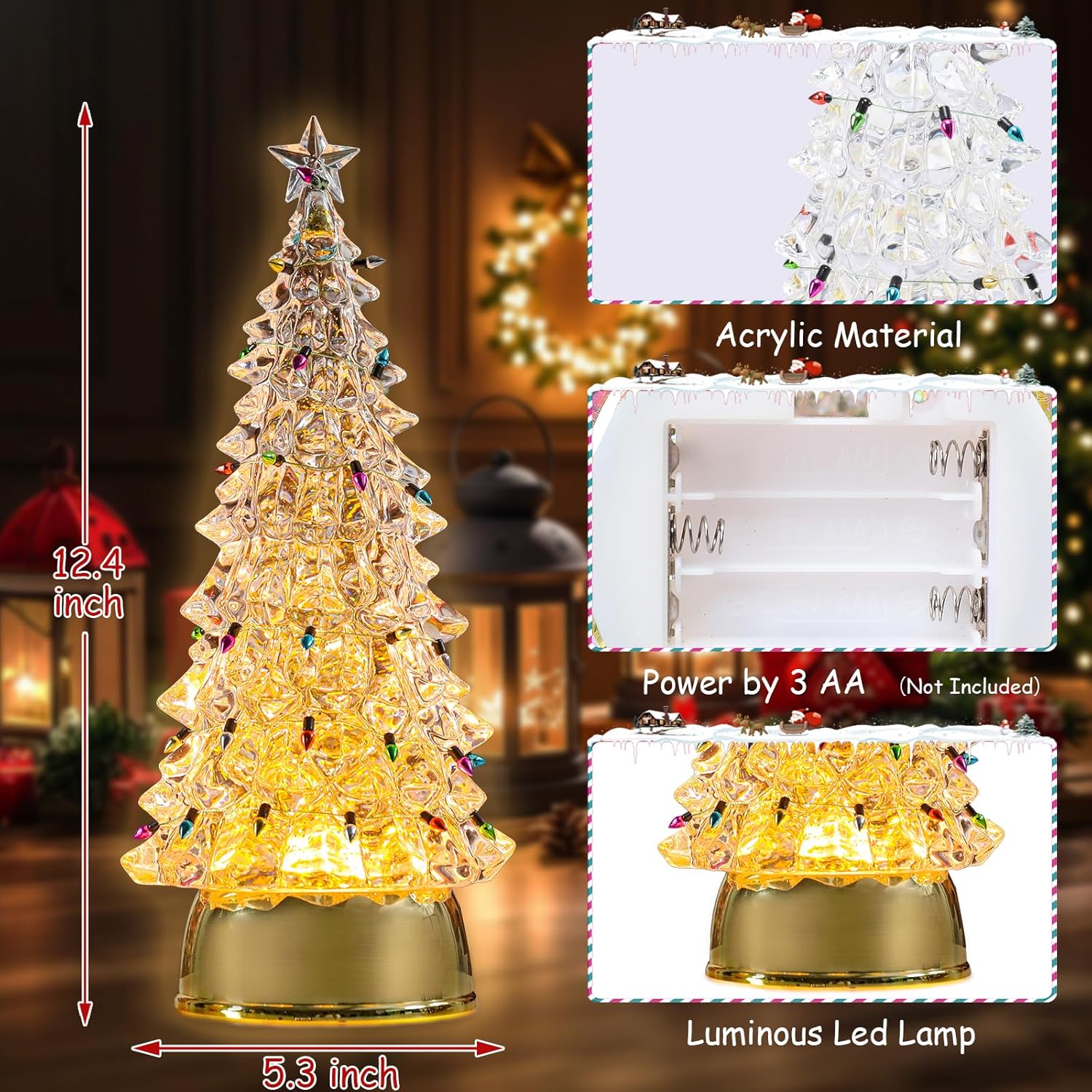 Acrylic Christmas Tree Table Statue - Light up LED Christmas Tree with Colored String Lights, Warm Holiday Tabletop Centerpiece Mantel Home Decor 12“