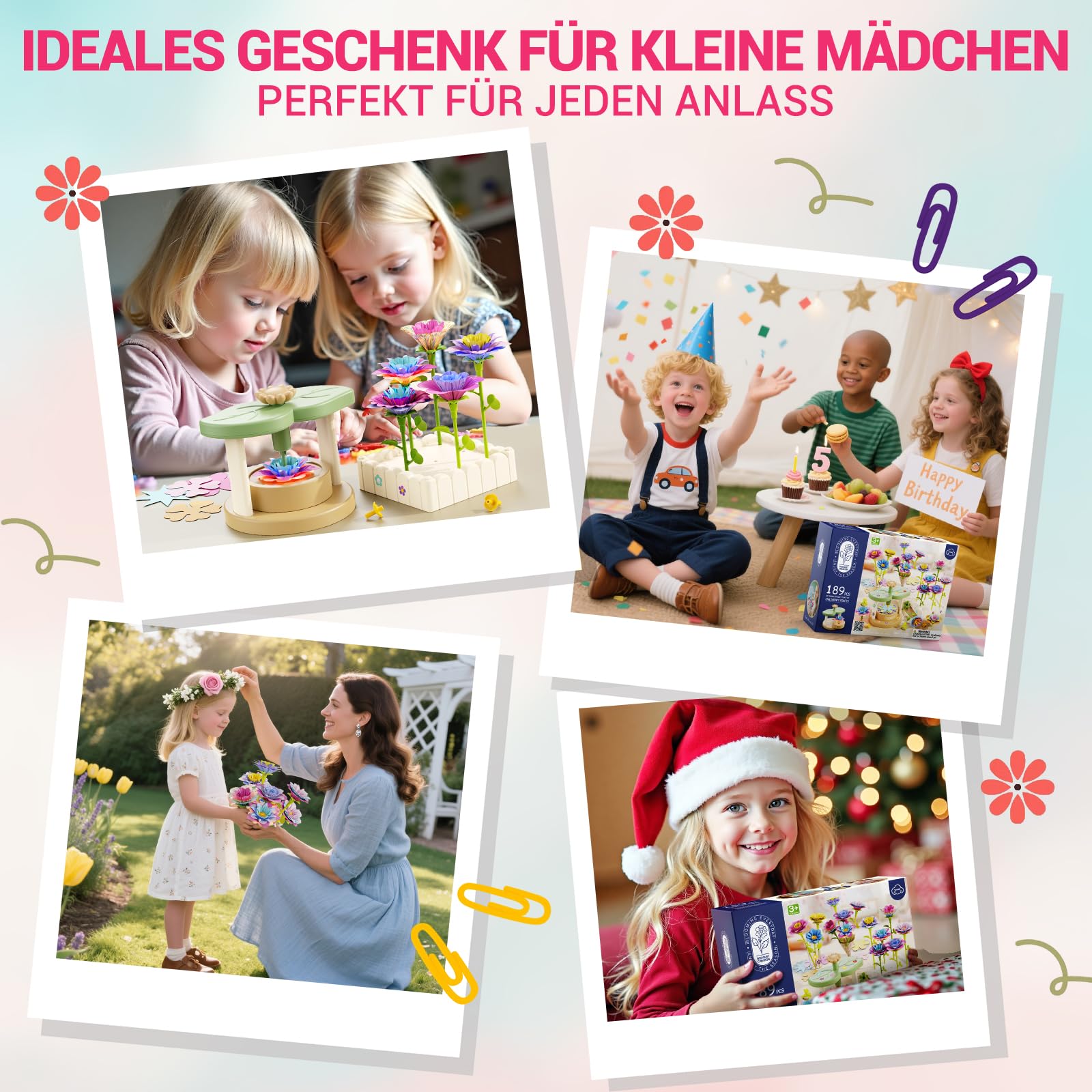 DIY Blumen Bastelset für Kinder ab 3 Jahren, Kunststoff Blumensträuße Basteln Spielzeug, Blumenpresse Kinder, Blumengarten Spielzeug, Kreativ Geschenkidee für Mädchen, Geburtstags- & Festtagsgeschenk