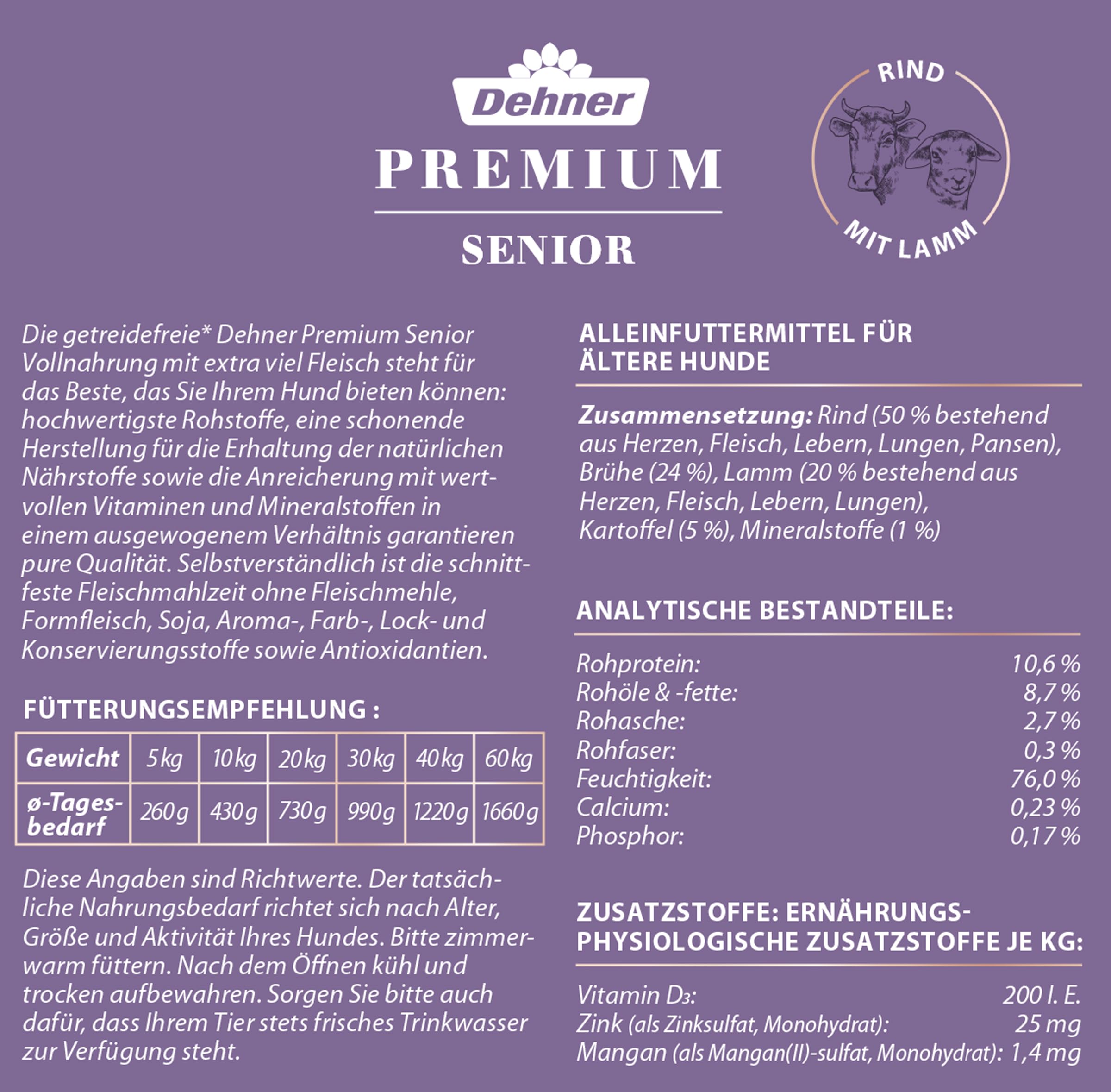 Dehner Nourriture Humide de qualité supérieure pour Chiens âgés, sans céréales, bœuf, Agneau, Pommes de Terre, 6 boîtes de 800 g (4,8 kg)