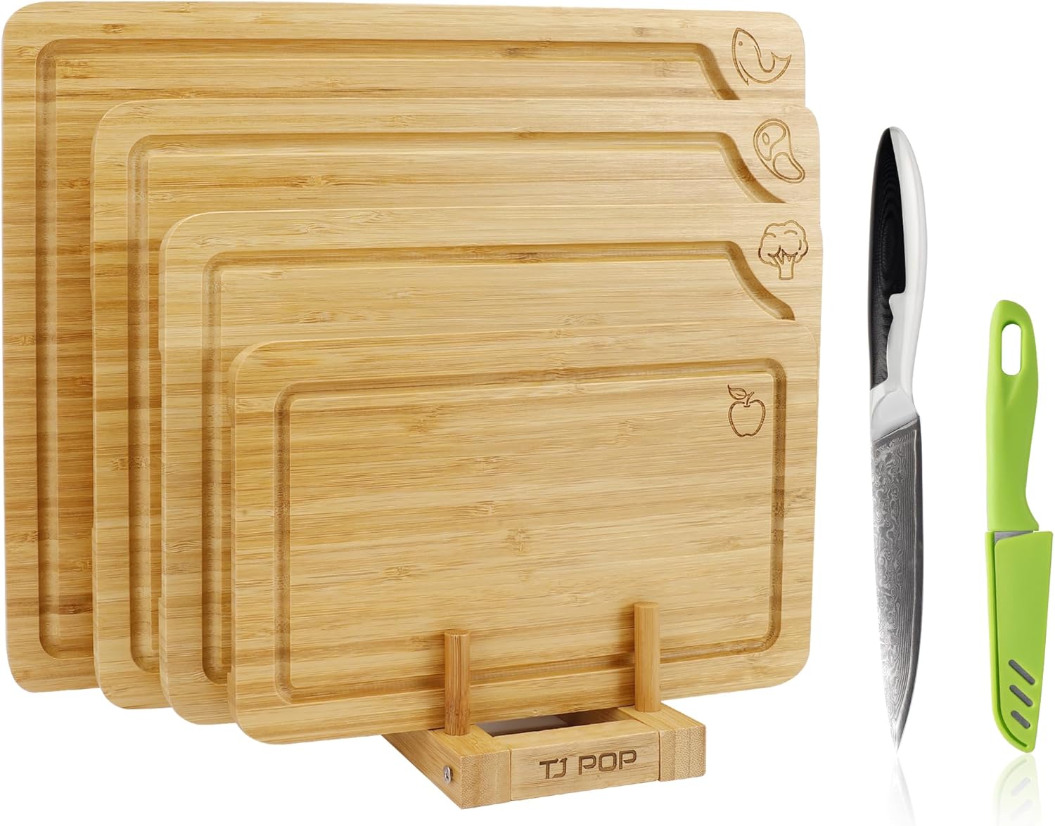 4-Piece Labeled Bamboo Cutting Board Set with VG-10 Damascus Utility Knife, Kitchen Prep Bundle for Meat, Vegetables & Fruits