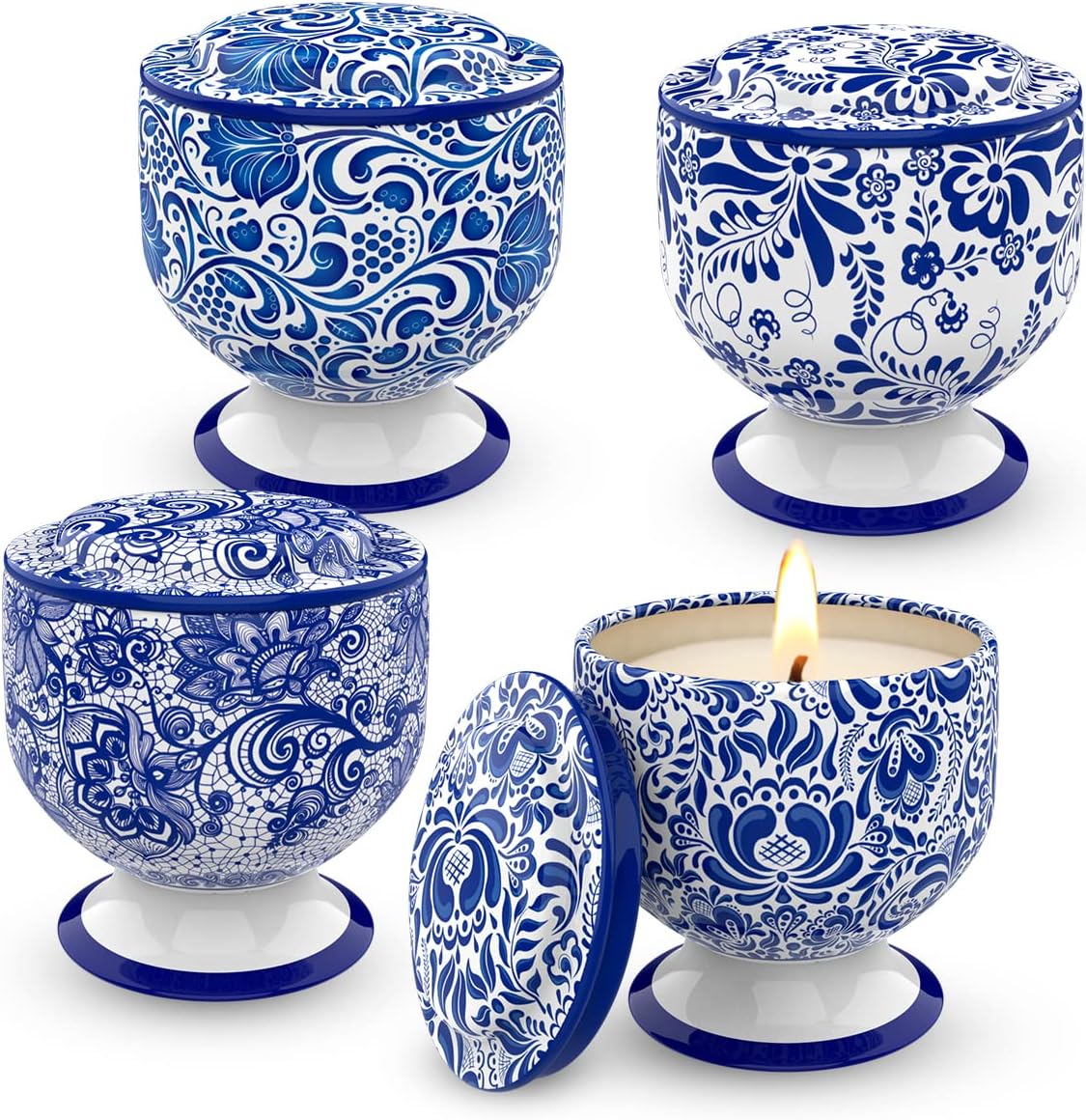 Christmas Scented Candles Gift Set for Home Women Soy Wax Freesia, Vanilla, Rosemarry&Lavender, Cedar&Amber&Musk Aromatherapy Candles in Blue and White Tins, Set of 4