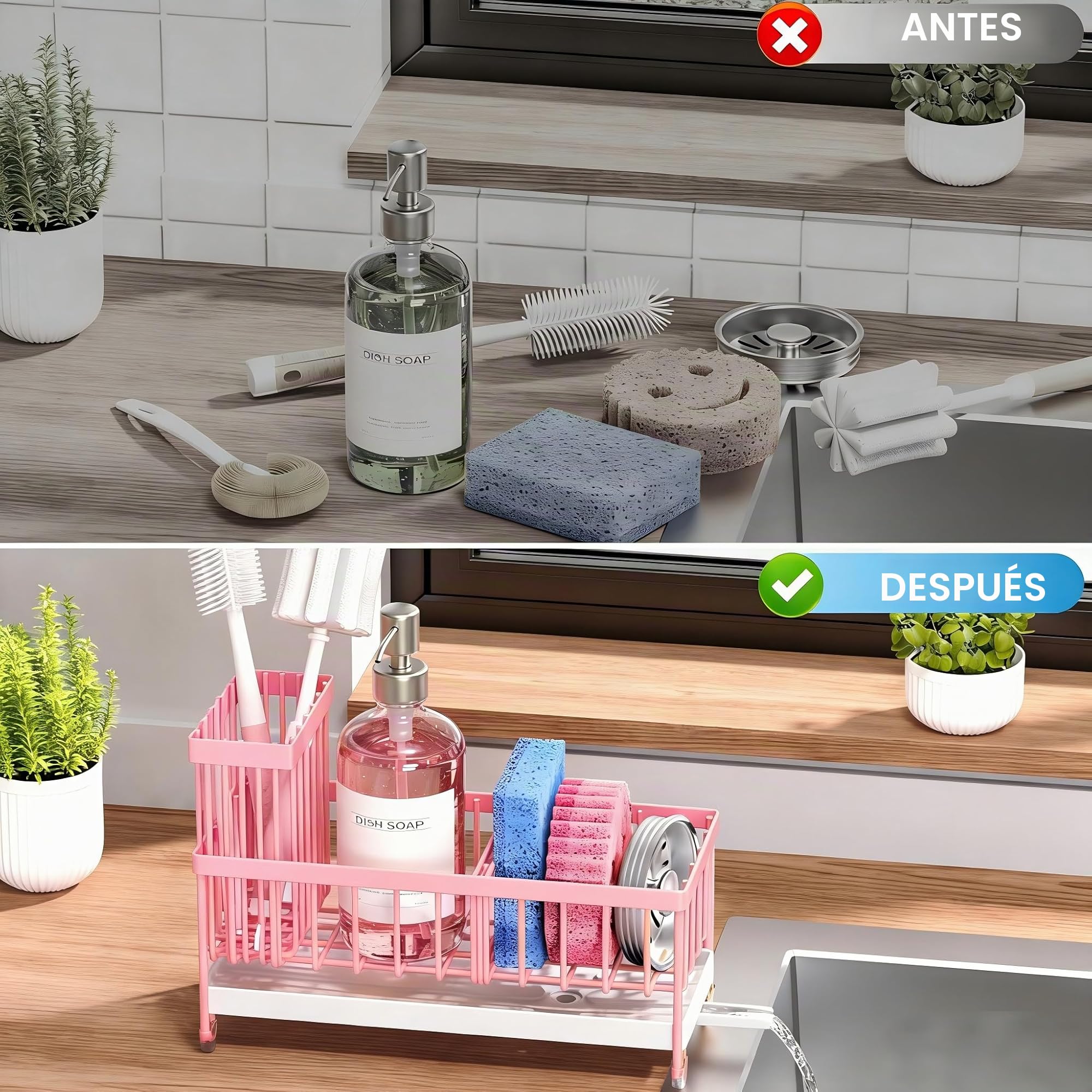 Cisily Soporte de Esponja Rosa para Fregadero de Cocina, Organizador de Fregadero con Soporte Alto para cepillos, encimera de Cocina, Acero Inoxidable 304, dispensador de jabón, organizadores de