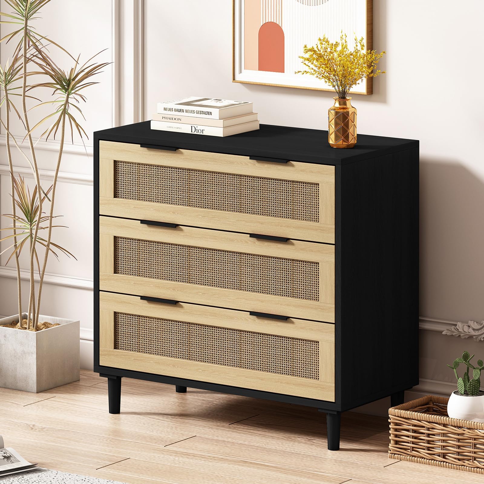 Amazon.com: ROCKINGRUN Rattan Dresser for Bedroom, 3 Chests of Drawers, Natural Wood Boho ...