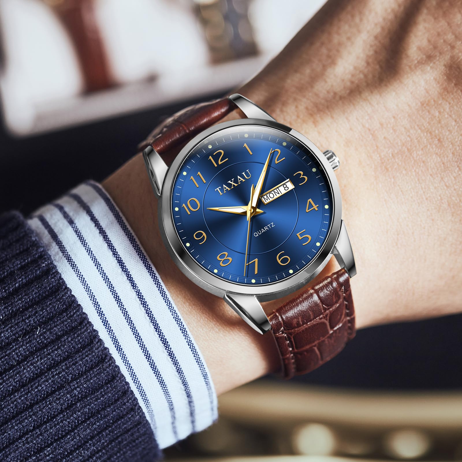 Taxau Herren Armbanduhr Leder Herrenuhr Lederarmband Uhren Herren Großes Zifferblatt Tag Datum Herrenarmbanduhr Wasserdicht Uhr Lässig Business Uhr für Herren