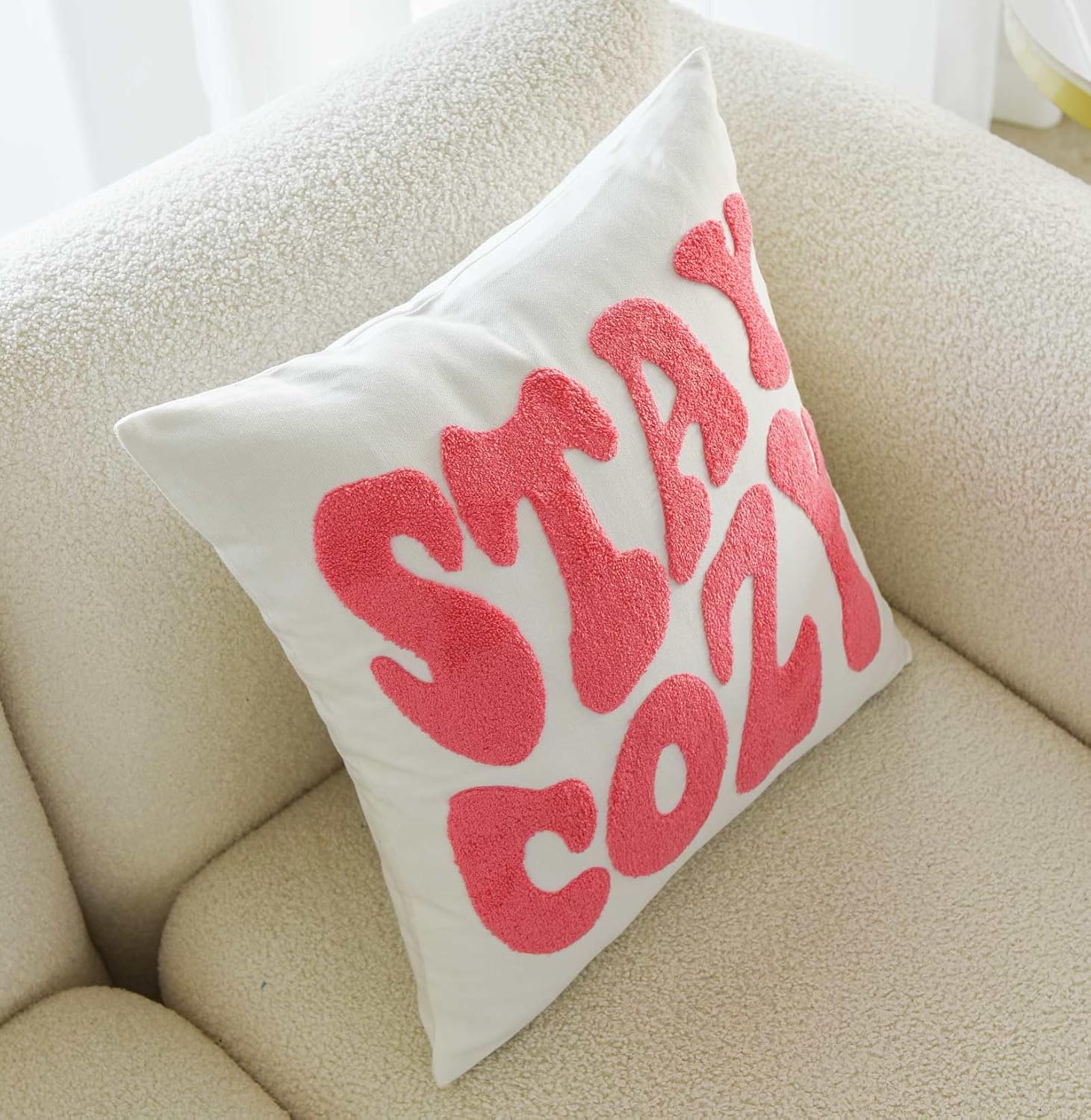 Embroidered Stay Cozy Decorative Pink Throw Pillow Cover, Stay Cozy 18 Inches x 18 Inches Cover Only - Image 2