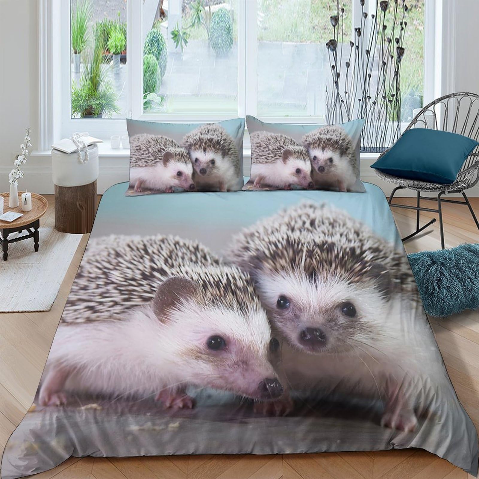 GPLZQXKJNH 3D Printed Hedgehog Animal Duvet Cover Set Microfiber Soft Breathable Forest Bedding Set with 2 Pillowcases for Bedroom Home Decor Single（135x200cm）