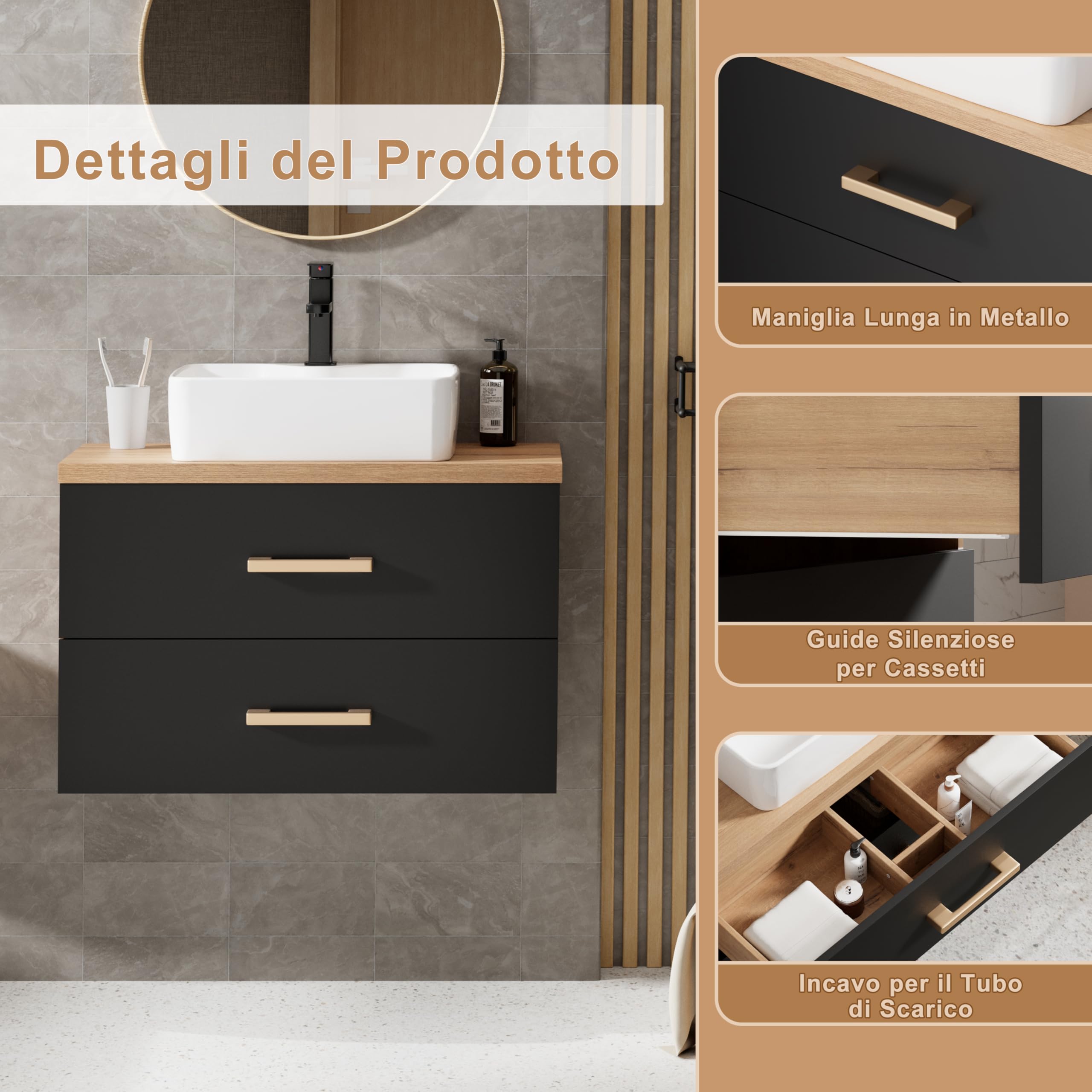 UEV Mobile Bagno 80CM con Lavabo in Stile Rustico,Lavandino con Mobiletto da Parete, Mobiletto Bagno Sospeso Impermeabile e Resistente, Nero