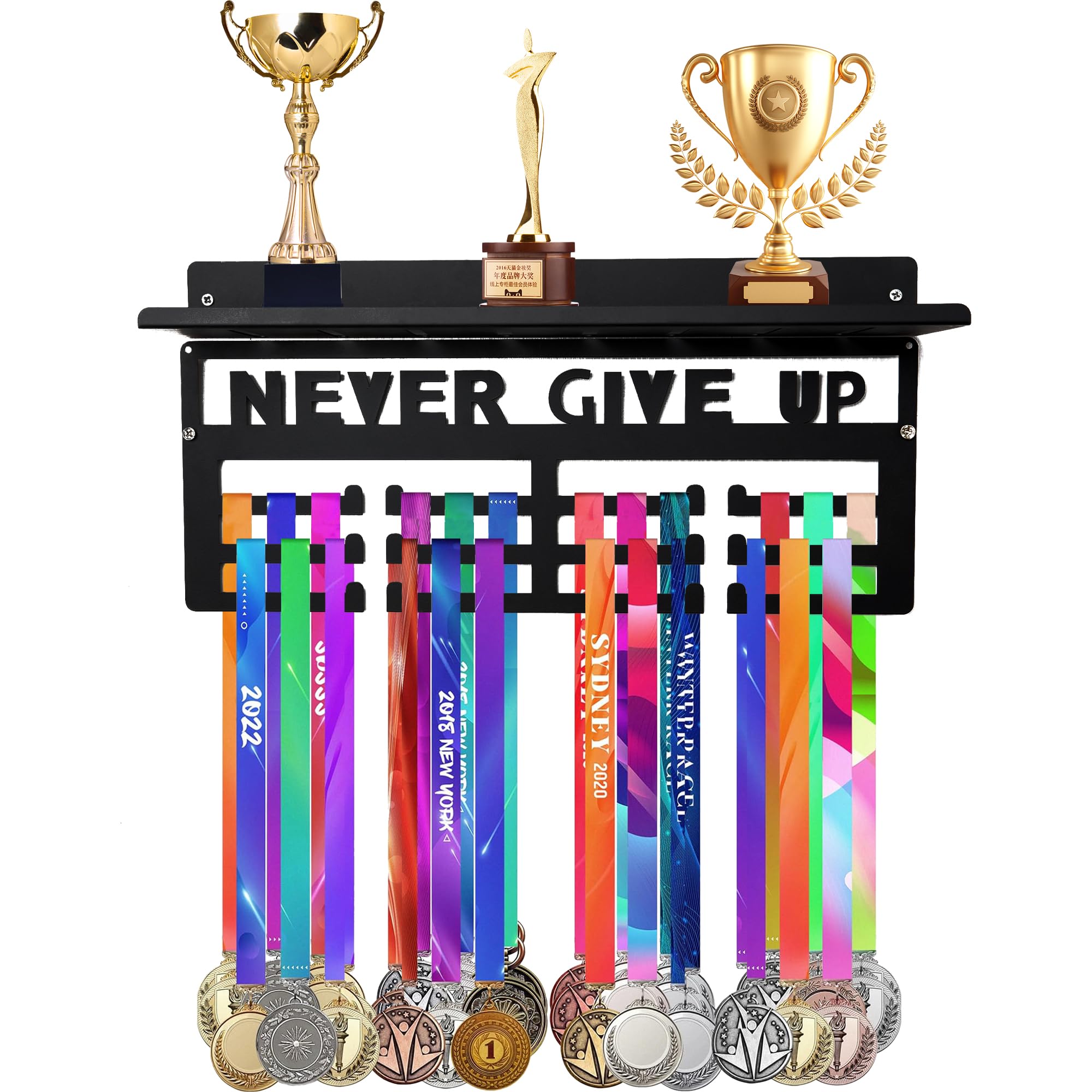 Defined Deco Medal Hanger Display and Trophy Shelf with Hooks, Metal Medal Holder for Wall Mount Ribbon Display, Never Give Up Trophy Shelf for Gymnastics, Soccer, Running Race Medal Awards Rack
