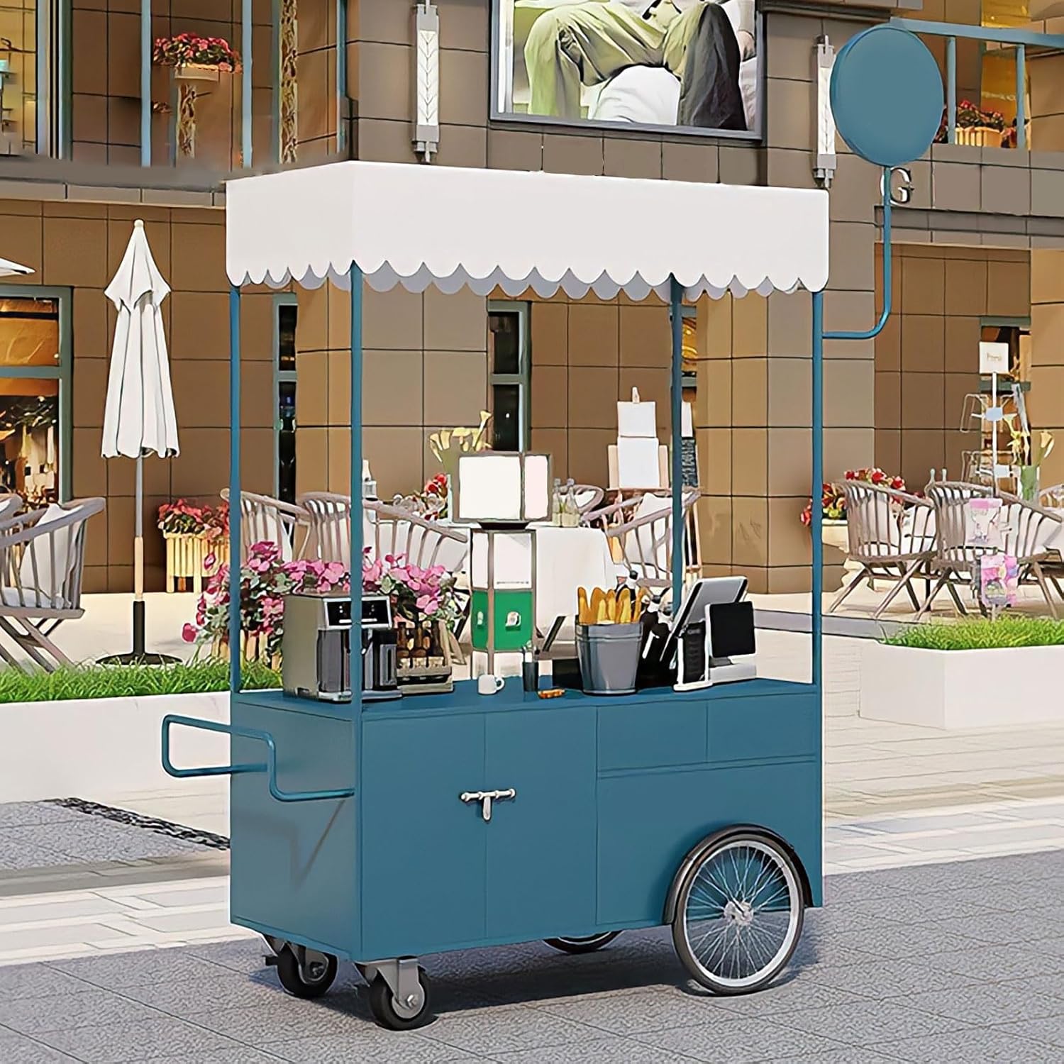 Movable Stall Display Stand, Commercial Business Mobile Street Food Vendor Cart, Portable Mobile Street Vendor Food Cart, for Business, Dessert and Party Decoration Cart(Black,120cm/47.2in)