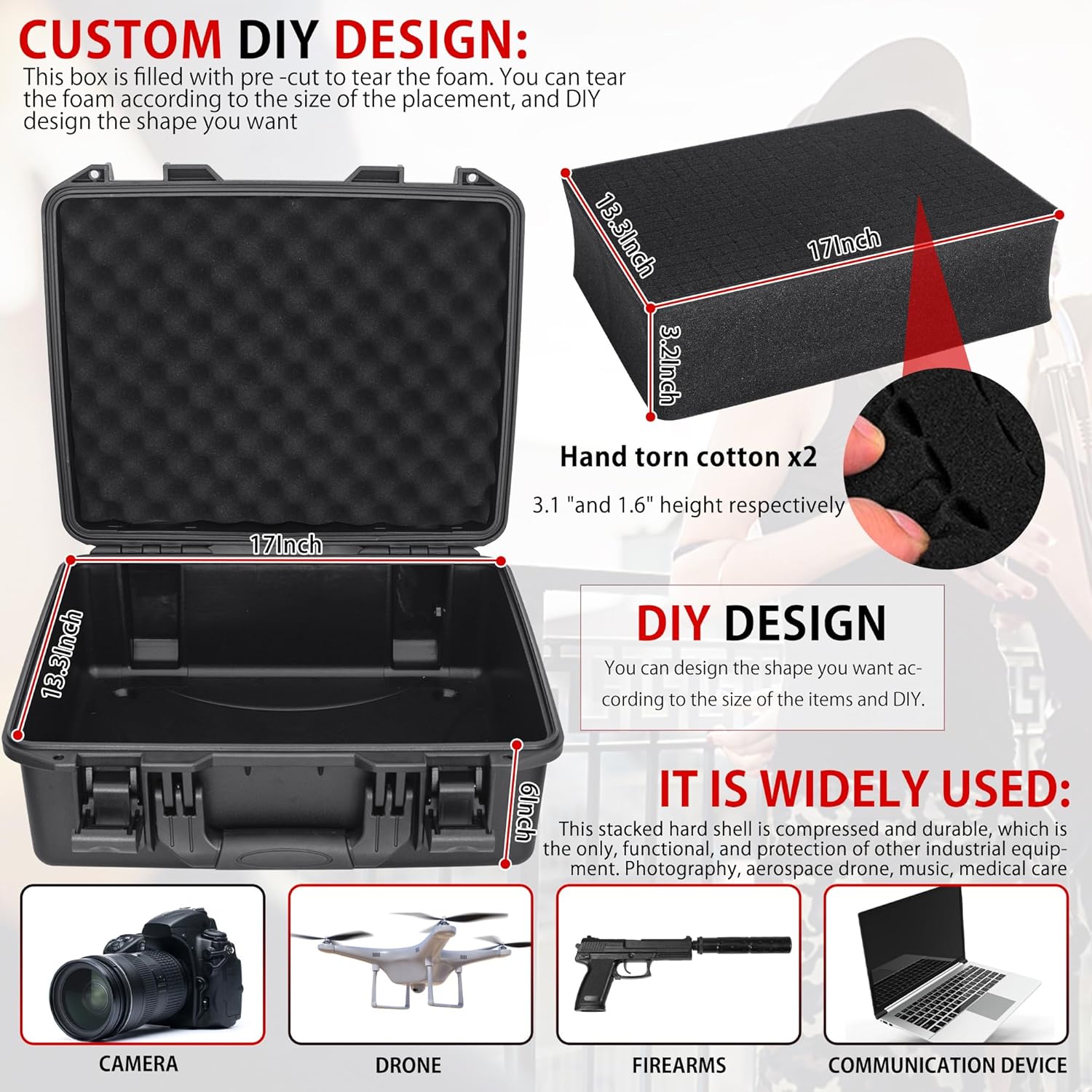 Hard Case with IP67 Waterproof Shockproof Tool Box for Microphone, Drones, Camera, Equipments, Portable Storage Case, 18.3 x 15.7 x 7.6 Inch