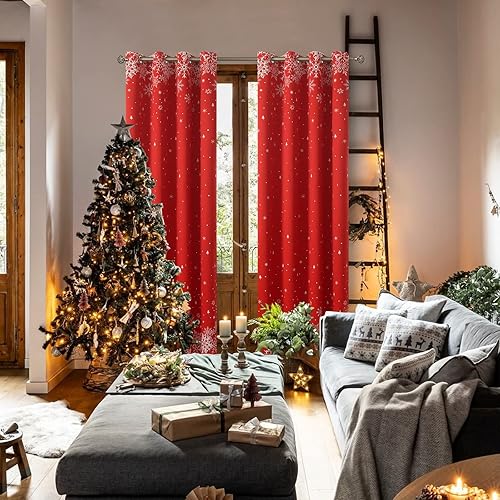 Miniatura 2 de BGment Cortinas rojas de Navidad para sala de estar, decoración navideña con ojales, cortinas opacas con árbol de Navidad y estampado de copo de