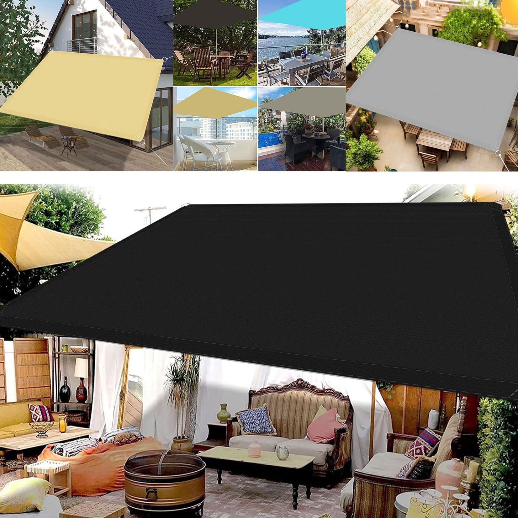 Voile d'ombrage carré 6x6m noir imperméable contre UV pour votre terrasse