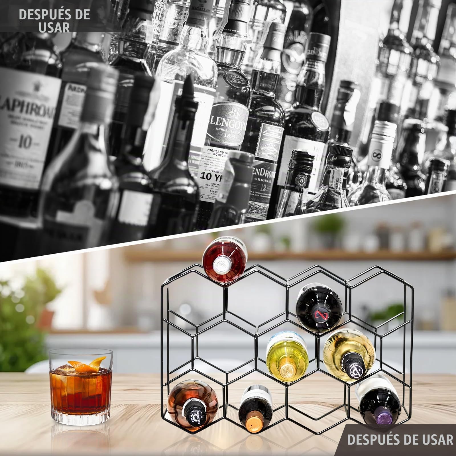 Dokeno Botellero de Encimera – 14 Botellas de Metal Negro Moderno Independiente pequeño – Soporte de Vino de Mesa de 3 Niveles para gabinete, despensa – Estante de Vino encimera – no Requiere