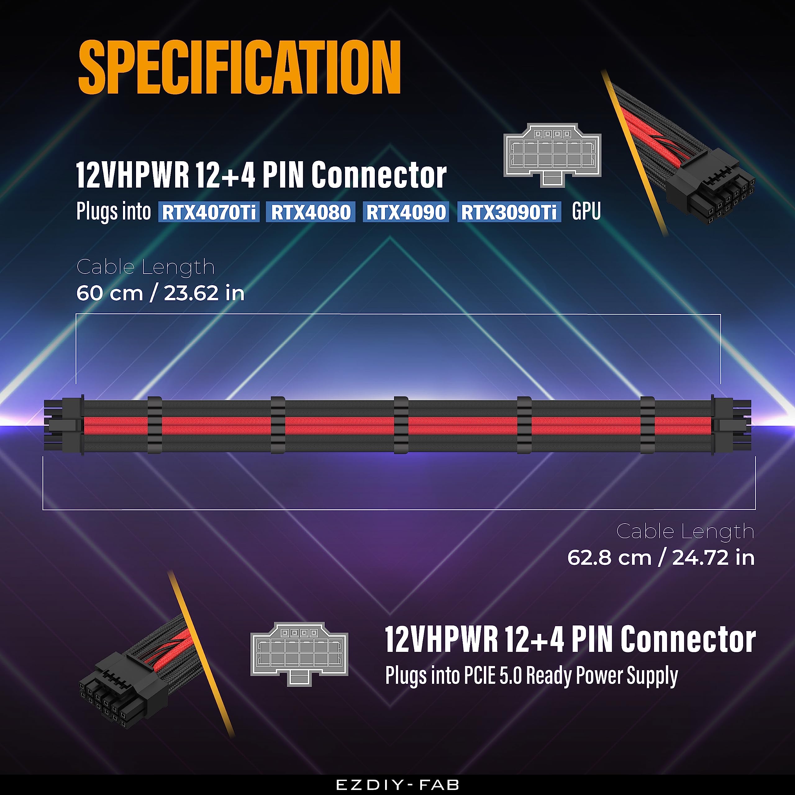 EZDIY-FAB 16AWG PCI-e 5.0 12VHPWR PSU Sleeved Cable, 600W 12+4 Pin Male to 12+4 Pin Male Cable for RTX 3090Ti/4070Ti/4080/4090, 60cm/23.62in-Black Red