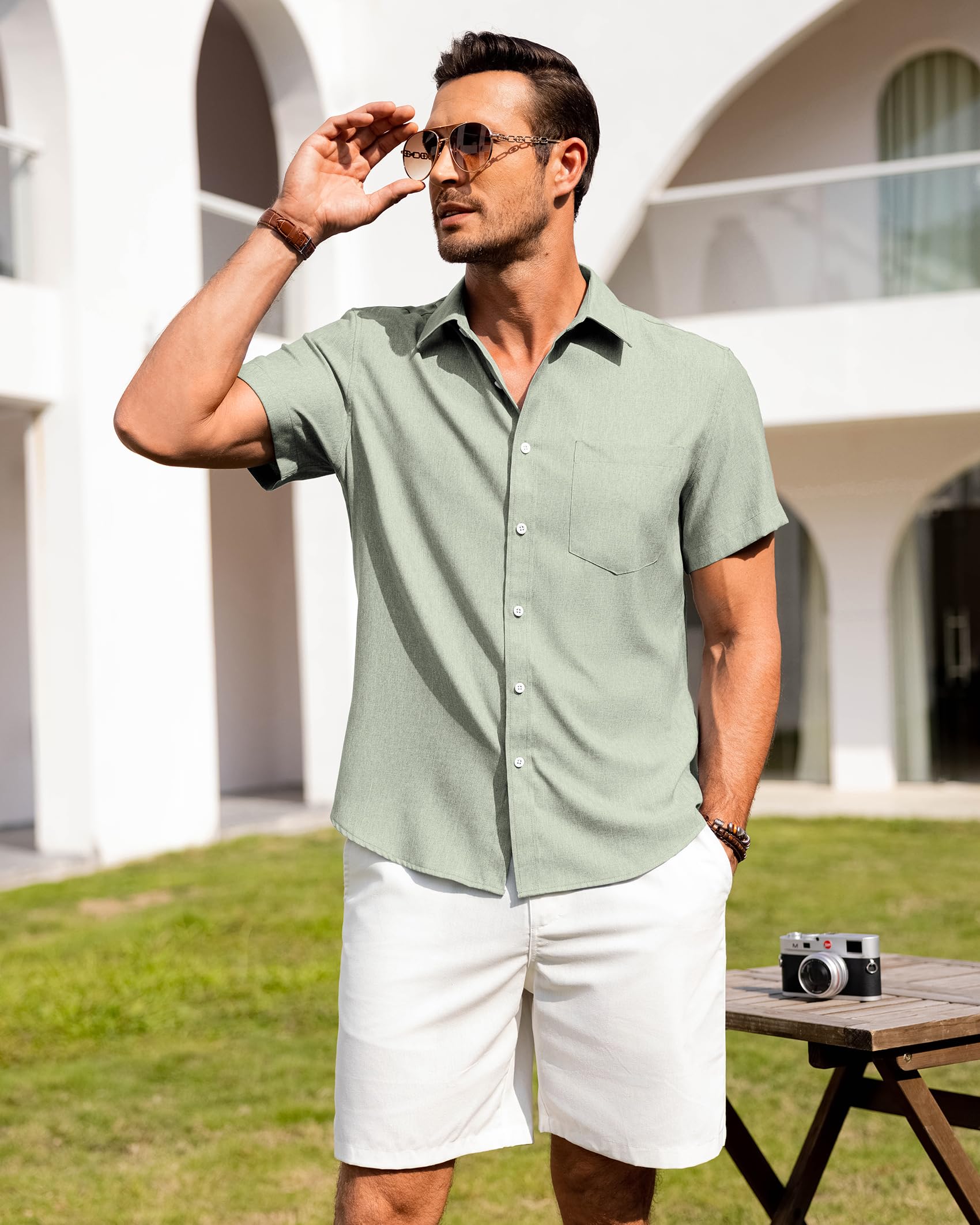 siliteelon Leinenhemd Herren Kurzarm Regular Fit Sommerhemd Freizeithemden Leicht Luftig Outdoor Strand Leinen Shirt