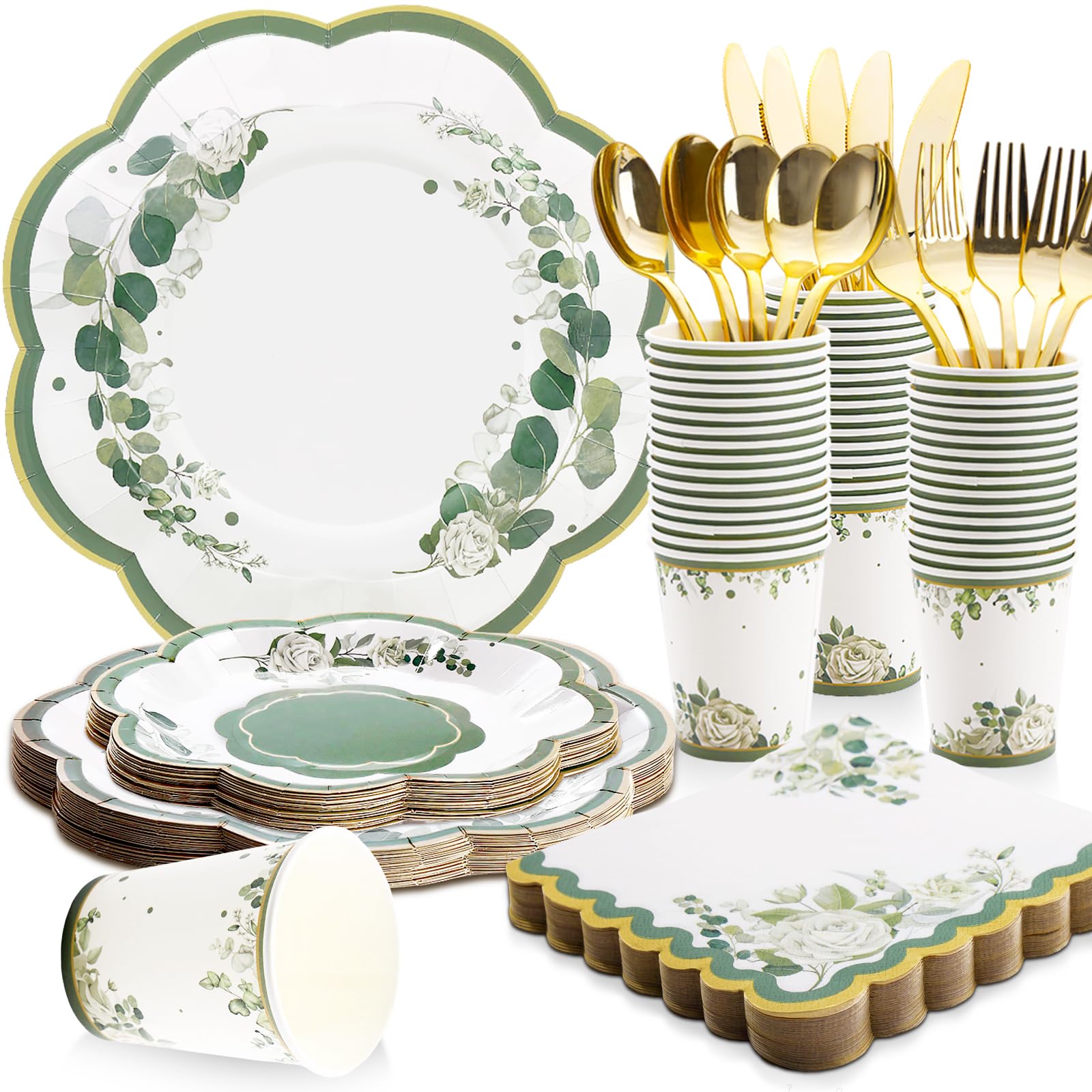 175 Pcs Sage Green Party Decorations, Sage Green Paper Plates, Bridal Shower Plates and Napkins Sets for Garden Birthday Baby Shower Baptism Party Decorations, Serves 25