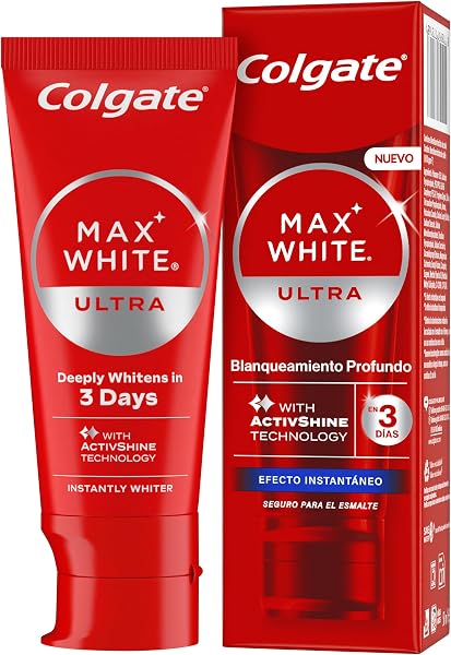 Colgate Max White Ultra Pasta de dientes Efecto Instantáneo, Blanquea las Manchas Profundas en 3 Días, la Tecnología ActiveShine Suaviza la Superficie del Esmalte para Reflejar la Luz, Sabor Mejorado - 1