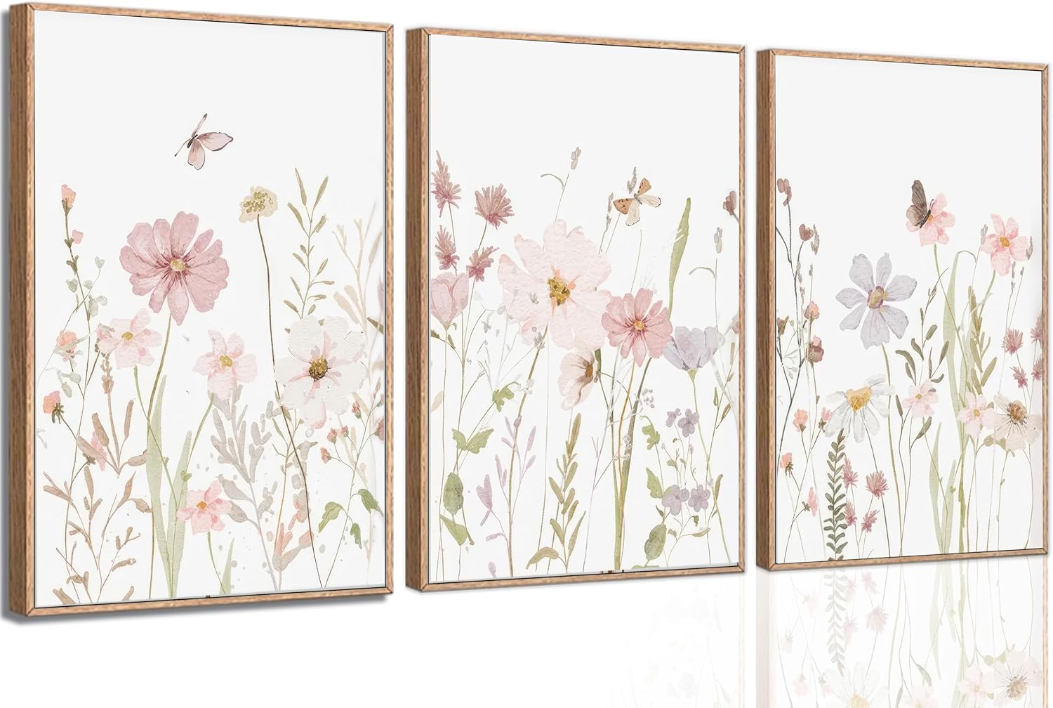 LQOZTBX 3pcs Watercolor Wildflower Wall Art - Vintage Botanical Floral Canvas Prints for Girls Nursery, Pink Bedroom Living Room Decor Unframed