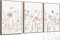 LQOZTBX 3pcs Watercolor Wildflower Wall Art - Vintage Botanical Floral Canvas Prints for Girls Nursery, Pink Bedroom Living Room Decor Unframed
