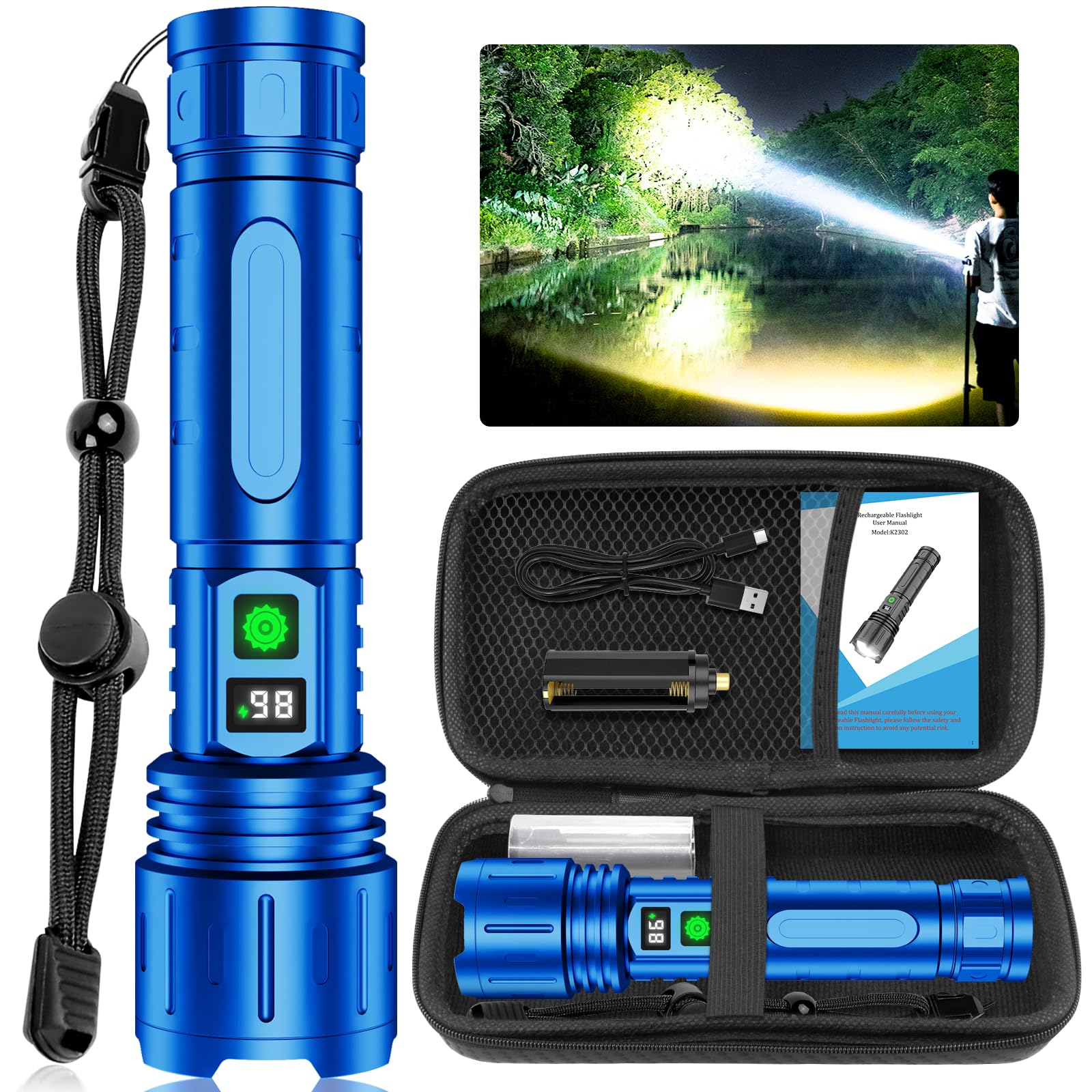 Banral Flashlights High Lumens Rechargeable, Super Bright LED Powerful Flashlight, Type-C, 5 Modes, Zoomable, IPX5 Waterproof High Powered Tactical Flash Light for Emergency Camping,Blue