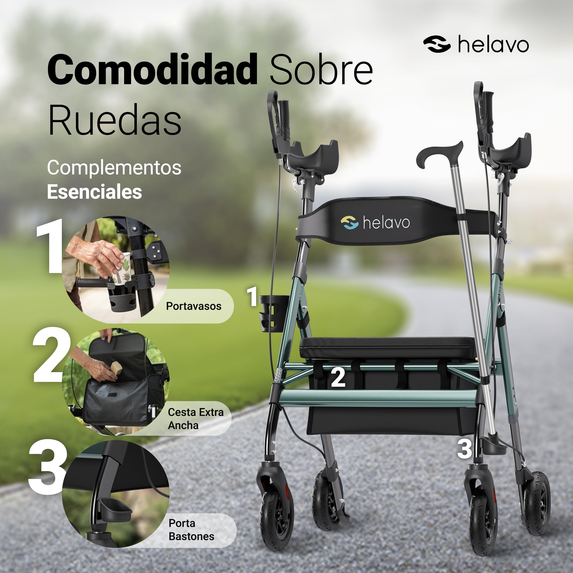 Andador antibraquial bariátrico Helavo con ruedas 8 pulgadas, antipinchazos, asiento ancho plegable, rodillo extra grande y apoyo antebrazos, carga 226
