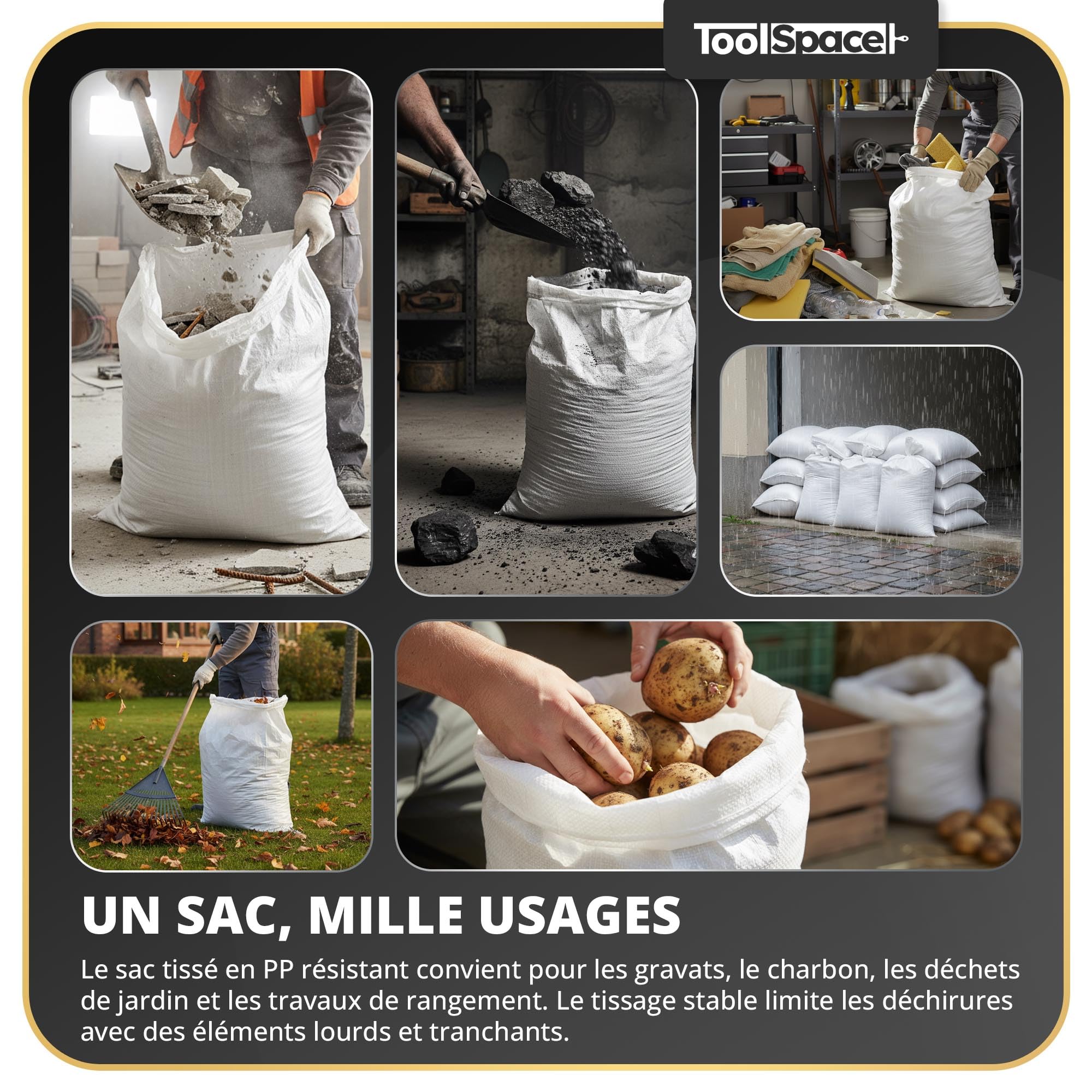 ToolSpace Sac à Gravats PP Tissé 65×105 cm Polypropylène 50 kg Réutilisable