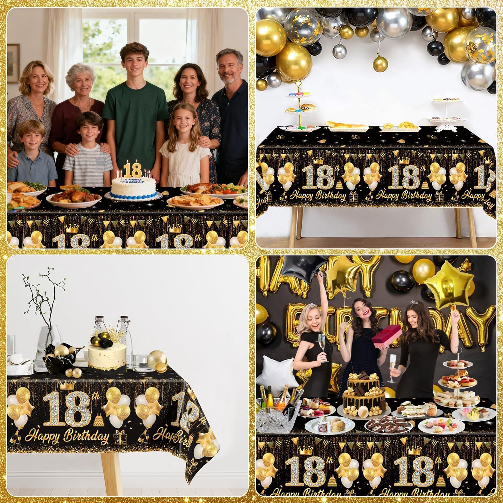 Tovaglia di Compleanno Oro Nero, 200x130cm, Tovaglia Happy 18th Birthday, Auguri di Compleanno 18. Tovaglia, Decorazione 18. Compleanno, Decorazione da Tavolo per Festa di Compleanno per Ragazze e