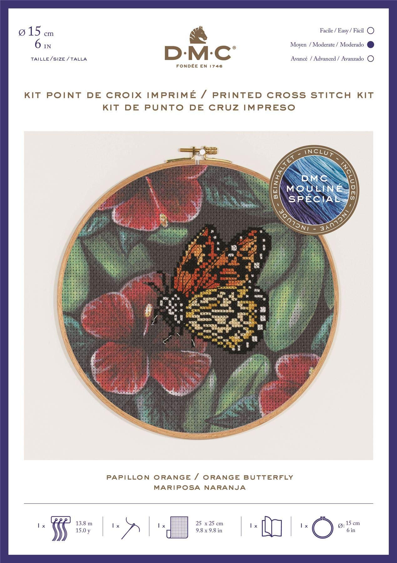 DMC Orange Butterfly Cross Stitch Kit, Includes Embroidery Threads, Needle, Wooden Drum and Instructions, Various, Small - Image 2