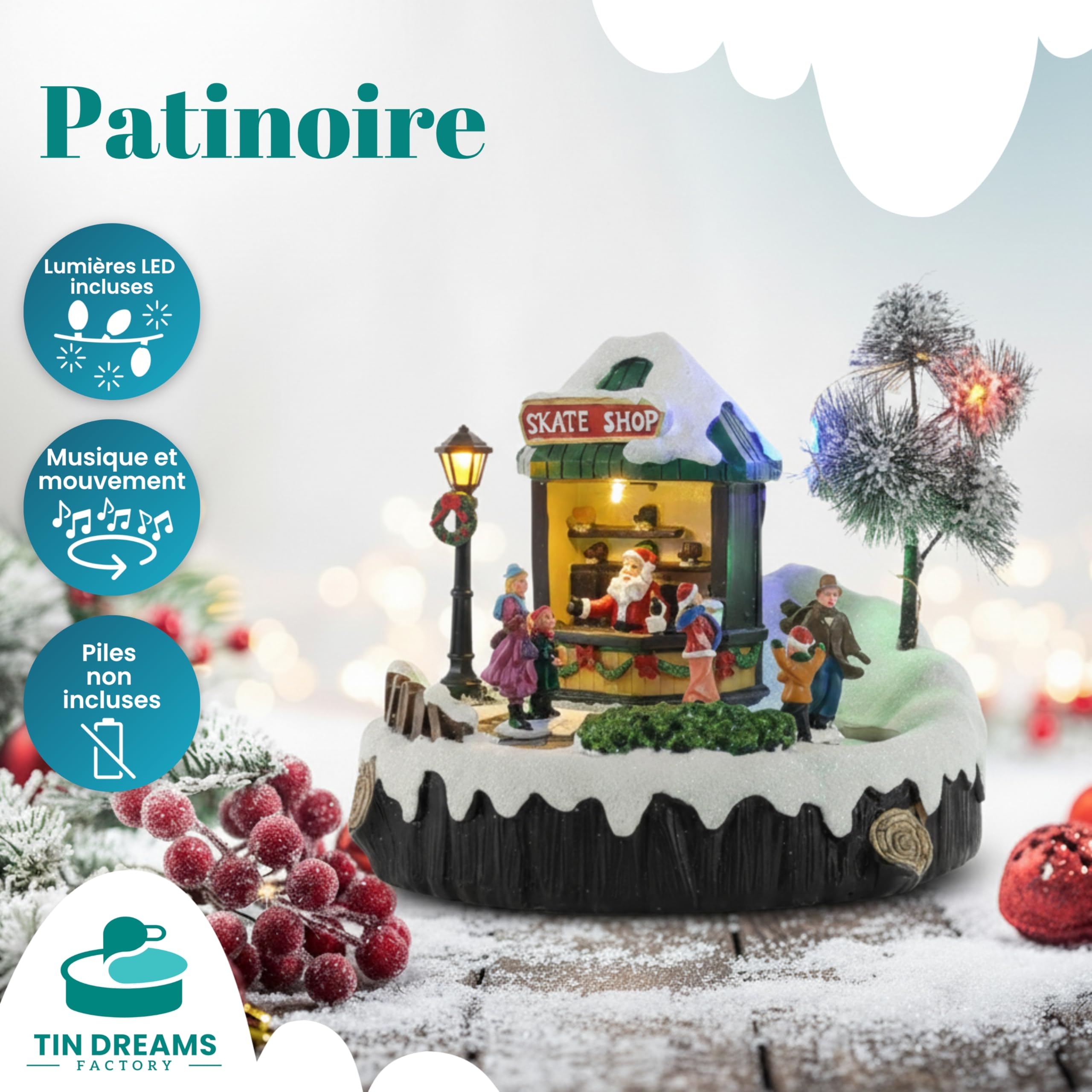 TIN Dreams | Patinoire avec Musique, Mouvement et Lumières | Scène de Noël Animée avec Patineurs | Maison de Noel Lumineuse pour Ville ou Petit Village de Noël | Décoration Festive Maison