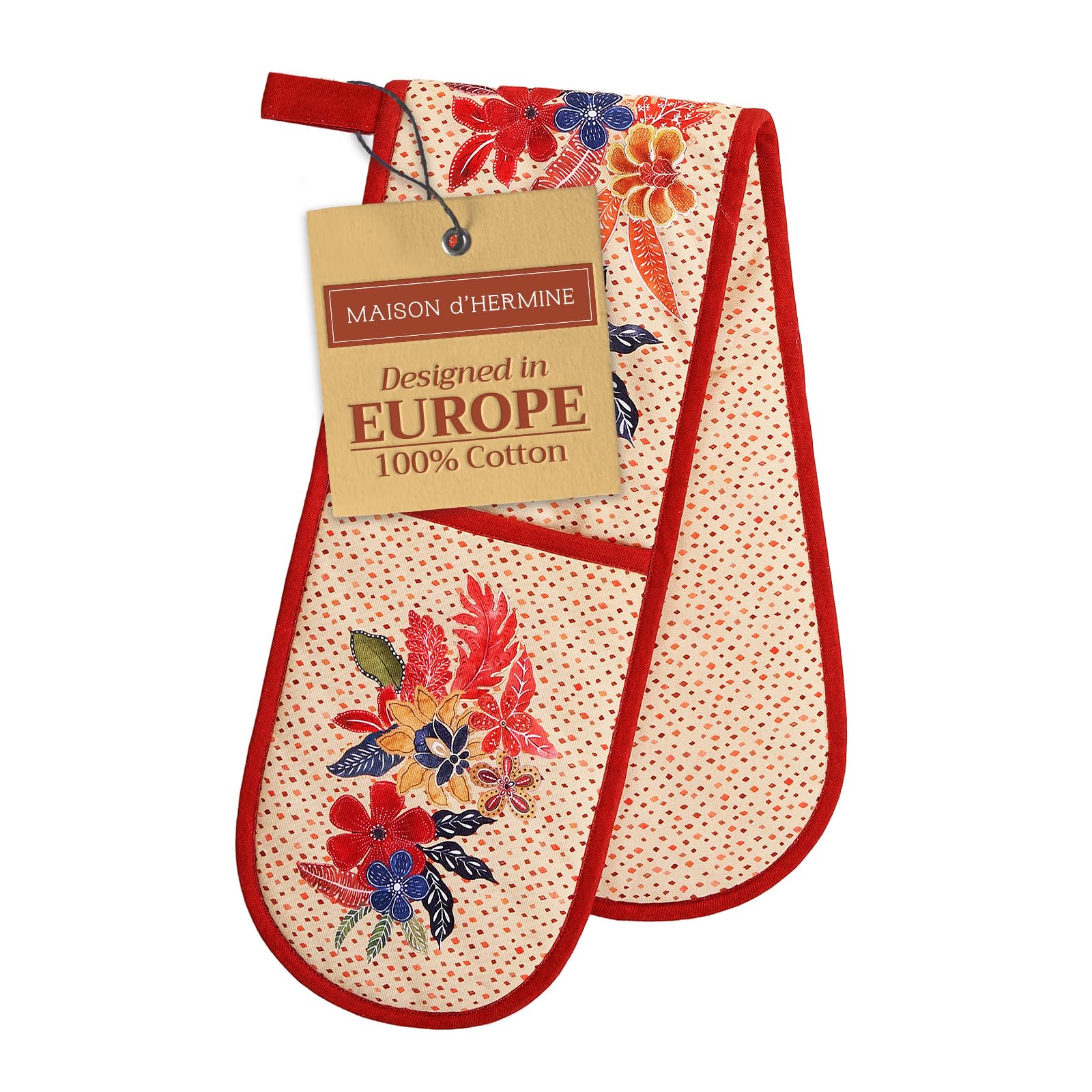 Maison d' Hermine Double Oven Mitt (18 cm x 89 cm) 100% Cotton Heat Resistant BBQ Cooking Gloves with Loop for Christmas Decorations Baking Cooking Barbeque Handling Hot Pan (Kalahari)