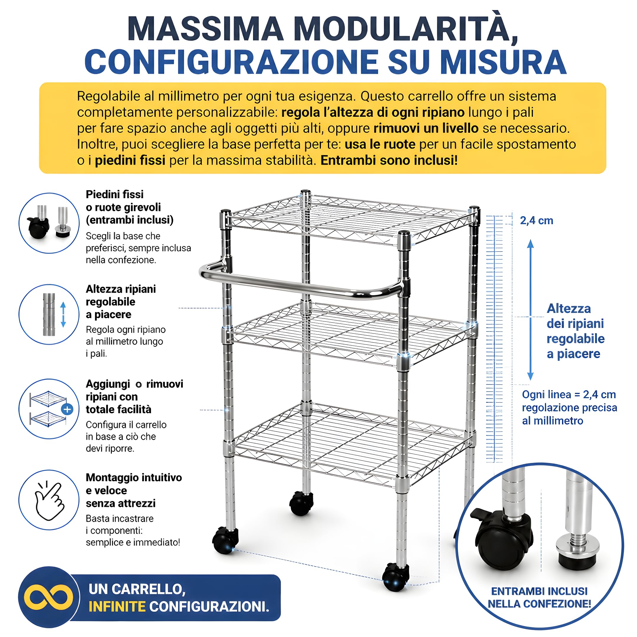 Scaffaliera grigia cromata a 3 ripiani con ruote bloccabili e maniglione, altezza dei ripiani e piedini di livellamento regolabili, peso massimo 400 kg, Cromo, 46 x 61 x 94 cm (P x L x H)