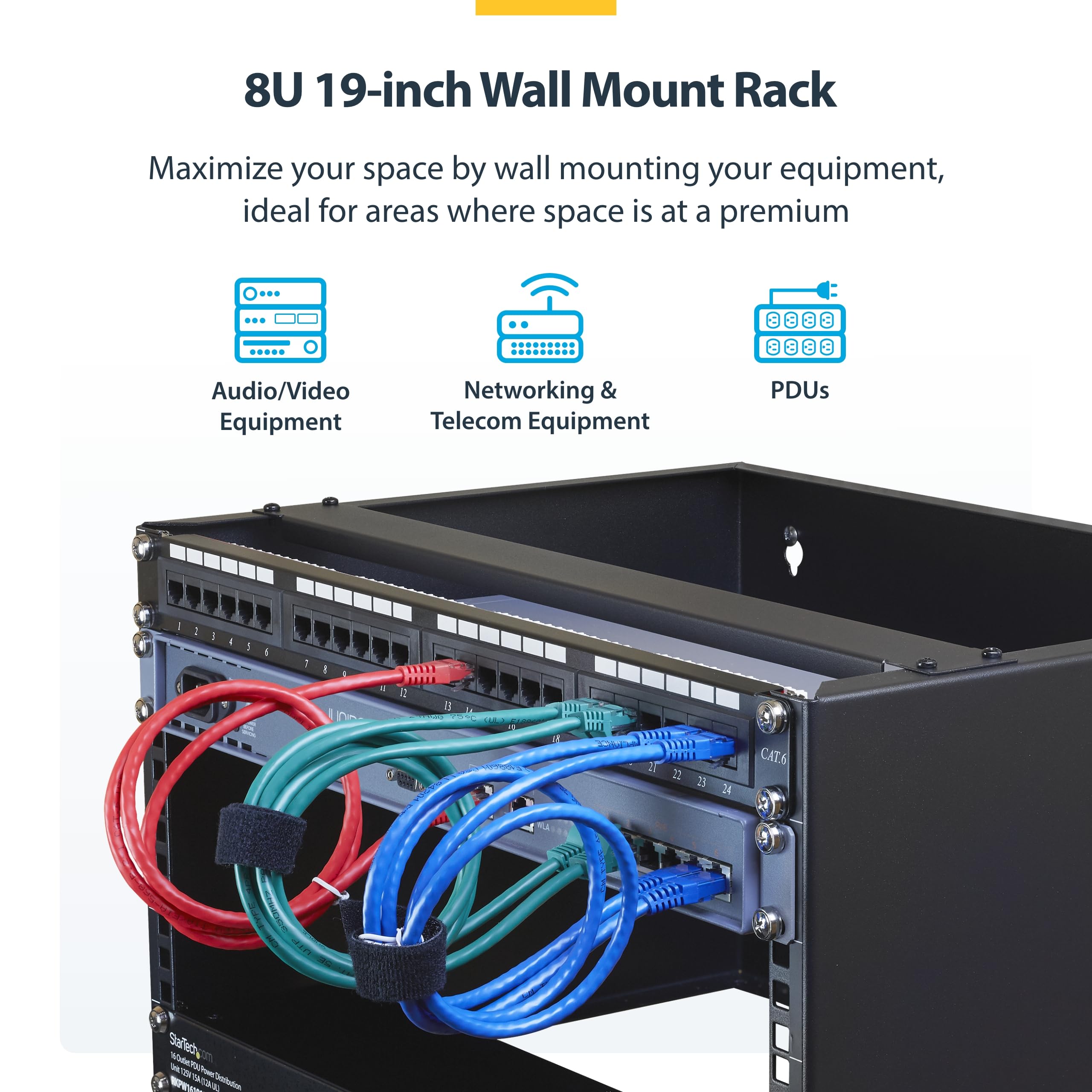 StarTech.com 8U uchwyt ścienny do montażu na ścianie – głębokość 35 cm – 48 cm stojak na panel krosowy do płytkich urządzeń sieciowych – pojemność 36 kg (WALLMOUNT8)