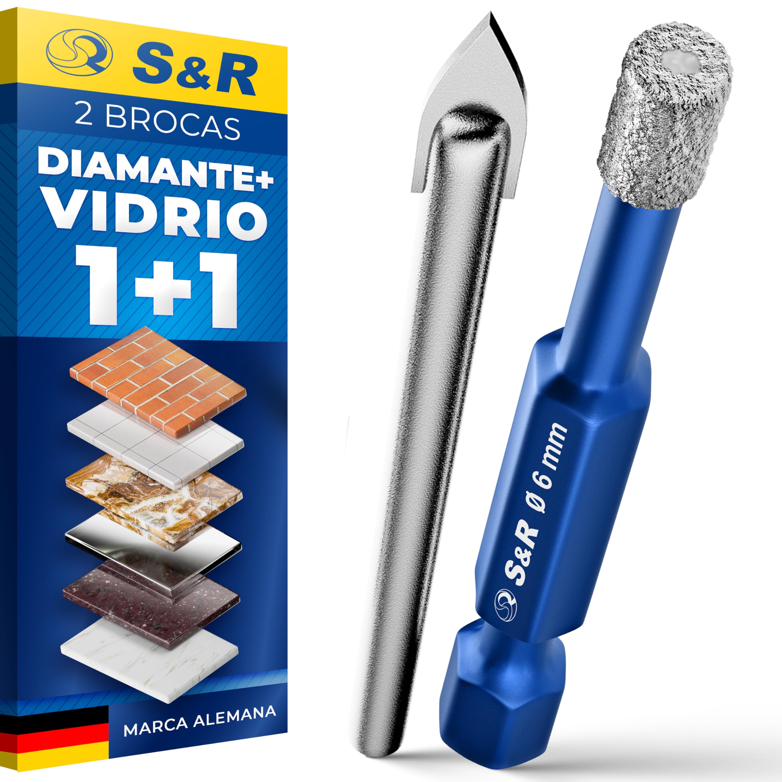 S&R Brocas de Diamante de 6 mm - Juego de 2: 1 Broca Porcelanico 6mm + 1 Broca de carburo de vidrio para Gres cerámico Azulejos Mármol Vidrio Cerámico Granito