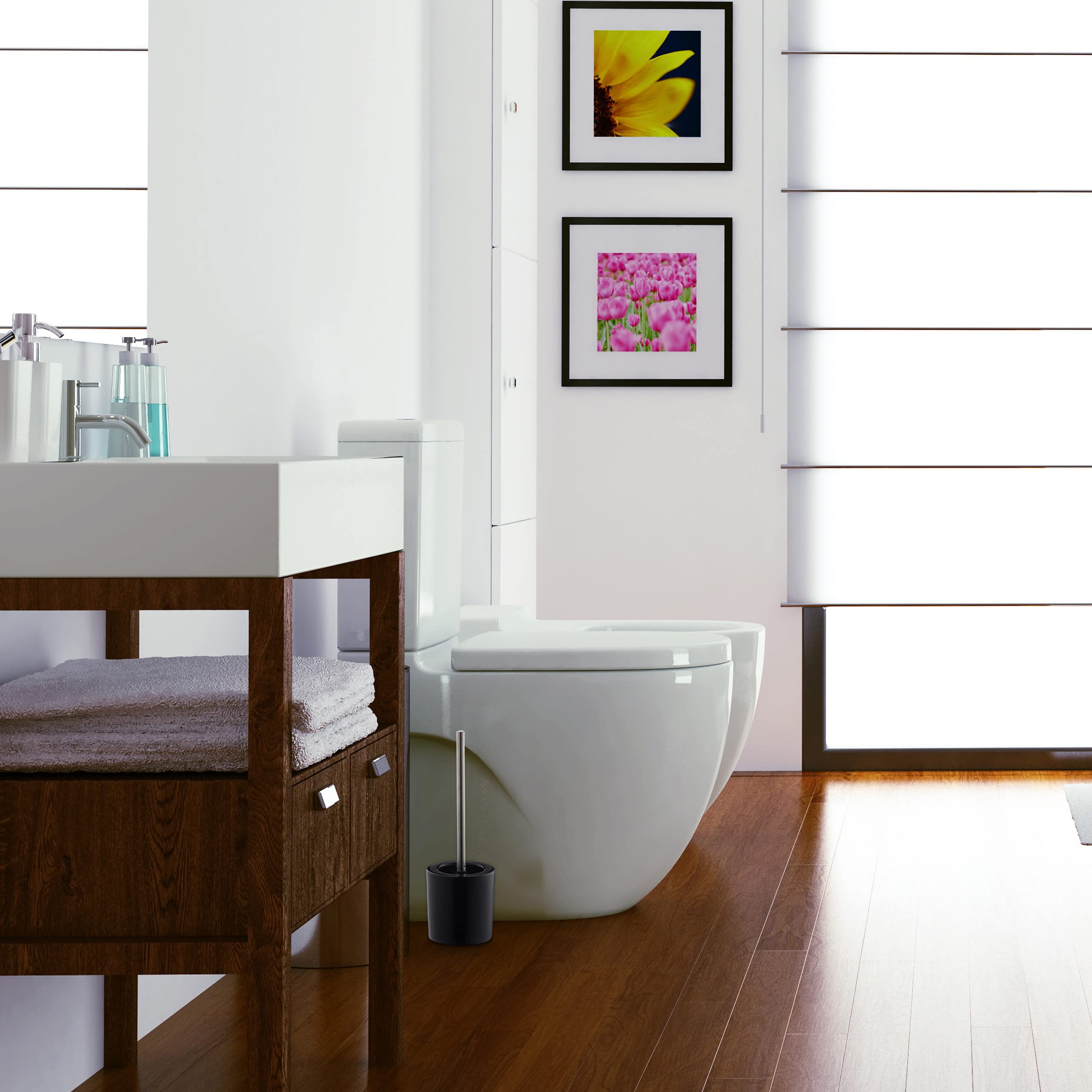 Pack 10 Escobillas de Baño con Cepillo Intercambiable, Cerámica-Hierro, Negro, 38,5 x 12,5 cm
