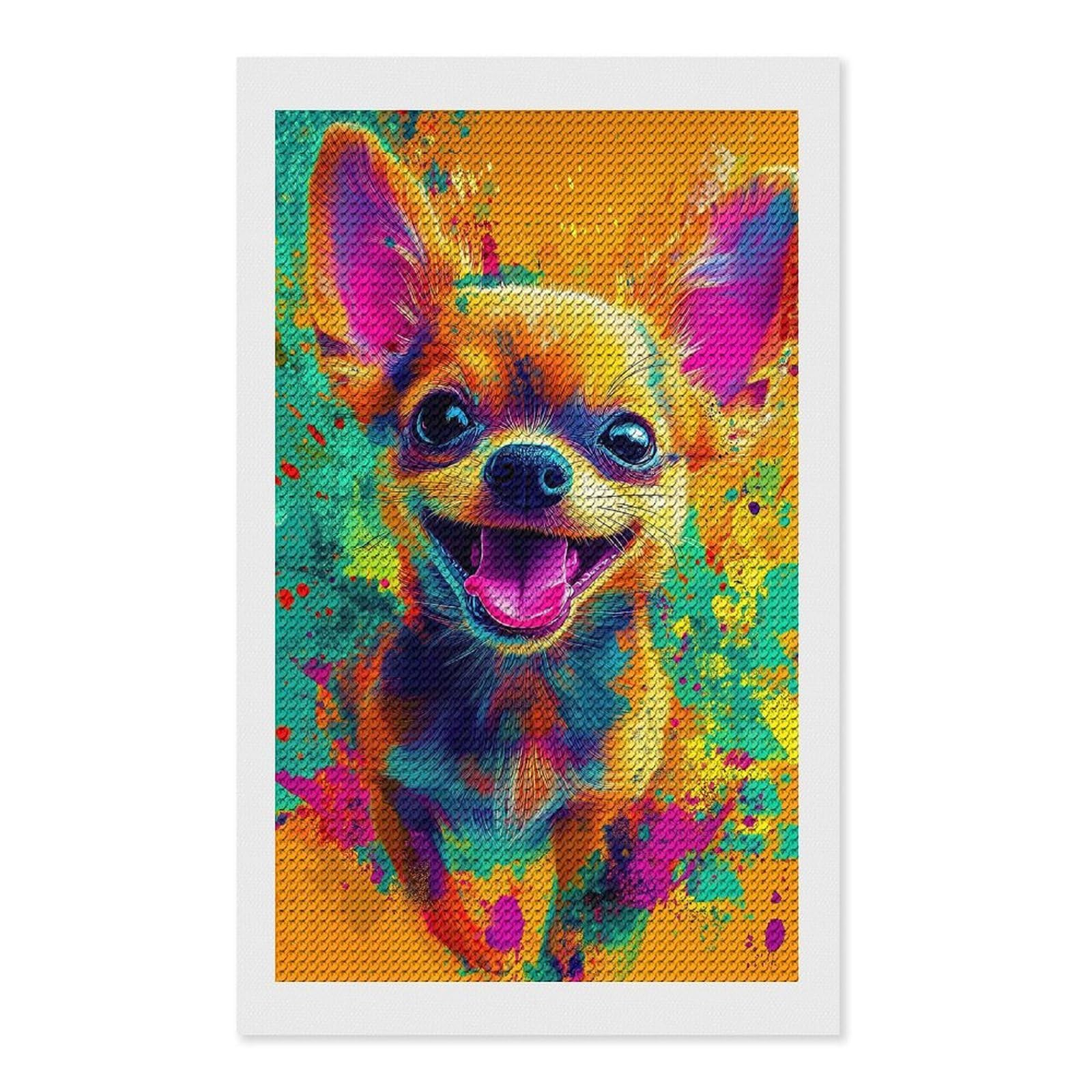 Junmoney Colorful Chihuahua Portrait DIY Diamond Art Canvas Kit 12"x20", Winter Craft, Mindful Craft Project, Aesthetic Room Decor, Decor Project