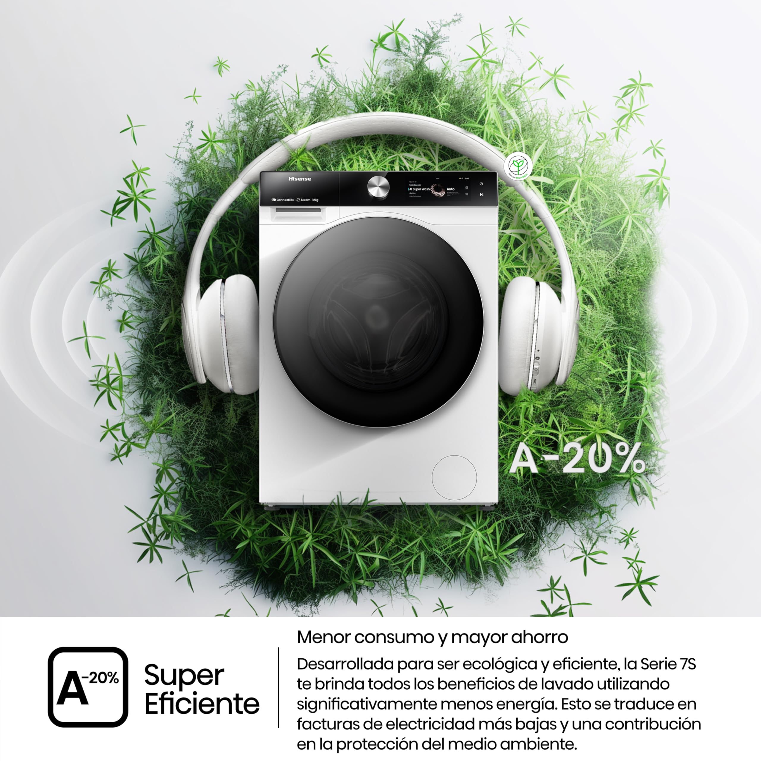 Hisense WF7S1247BW - Lavadora, Clase A, 12 Kg, Pantalla Táctil, Auto Dosificación, Conectividad WiFi, Monitor de Consumo, Lavado Rápido 15', Finalización Diferida, Blanco