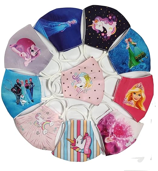 mask kids Barbi Universal Creation (Pack Of 10 ) Combo PURE COTTON 3 LAYER 2 to 5-6 Year CARTOON MASK Reusable, Washable Cloth Mask With Melt Blown Fabric Layer (Multicolor, Free Size, Pack of 10)