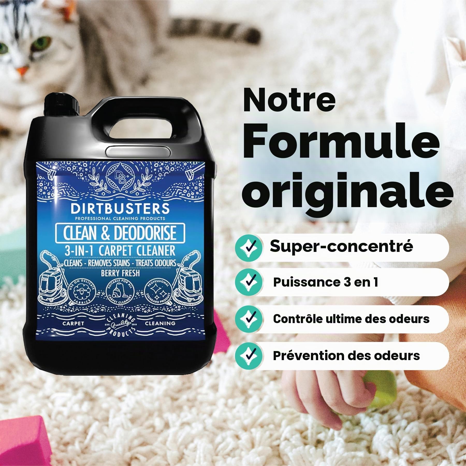 Dirtbusters Nettoyant Désodorisant Professionnel Concentré 3 en 1 pour Tapis/Tissus, Neutraliseur d’Odeur, Parfum Baies & Printemps Frais, Shampoing Idéal des Machines Lavant par Extraction 2X5 Litres
