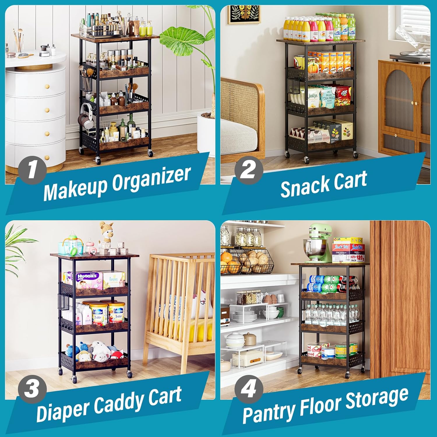 Rolling Cart Organizer, 4-Tier Kitchen Microwave Cart, Printer Stand, Art and Craft Cart, Makeup Organizer, Metal Utility Coffee Cart with Wheels for Coffee Supplies, Snacks, Books