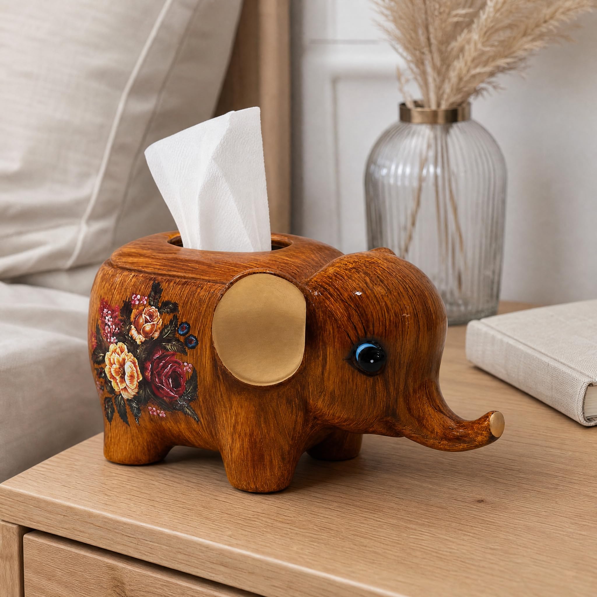 Boîte à Mouchoirs Éléphant Céramique, Éléphant Blanc Fleurs et Oiseaux