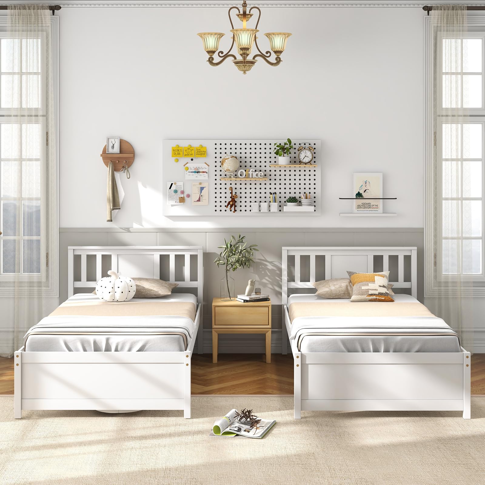Giantex Twin Platform Bed Frame With Headboard - Solid Wood, Mid Century Design, White