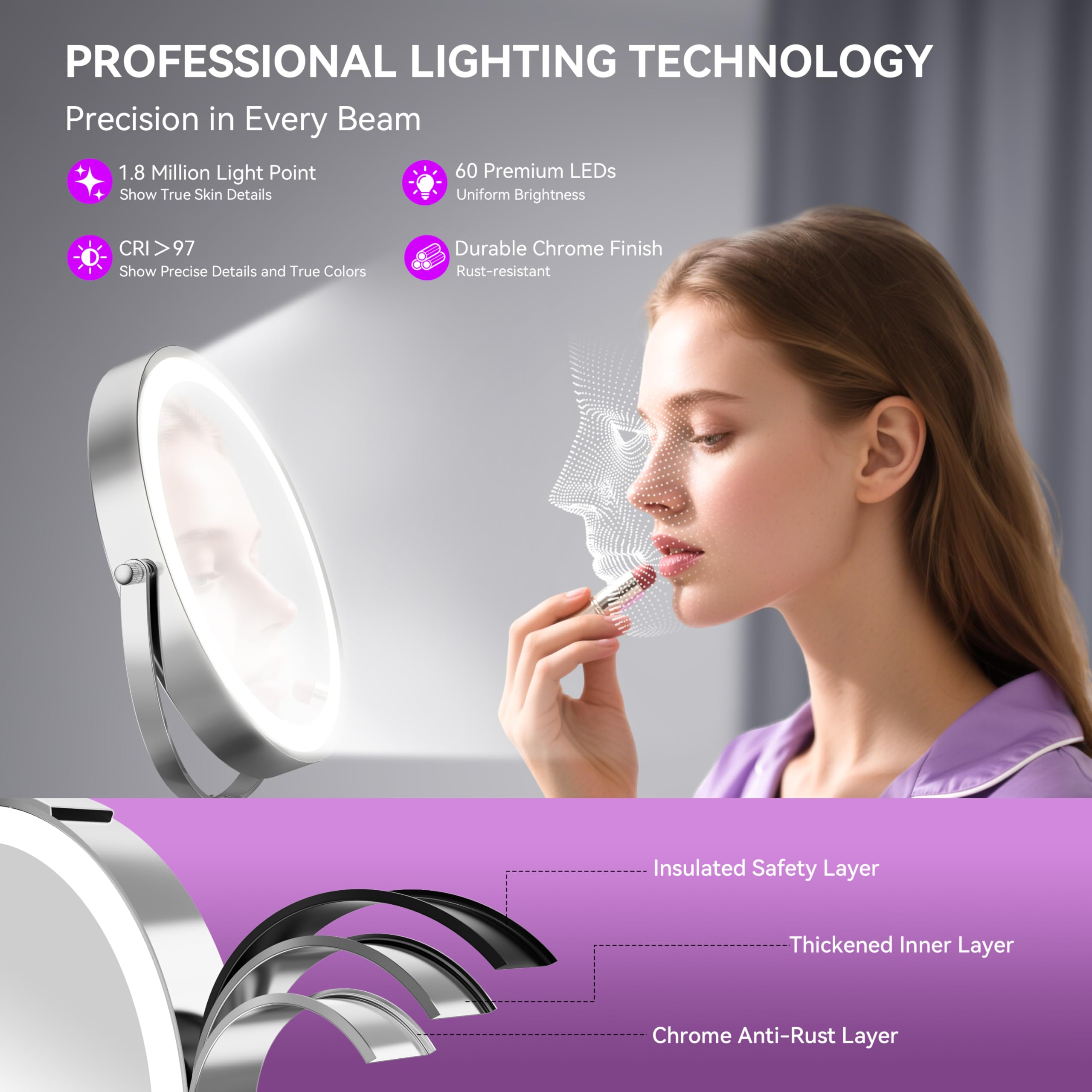 Auxmir 30X/1X Wiederaufladbarer Kosmetikspiegel mit Beleuchtung, 9cm Höhenverstellbar, 9 Zoll Schminkspiegel, 3 Lichtfarben & Helligkeit Dimmbar, 360° Drehbarer Tischspiegel für Makeup & Hautpflege