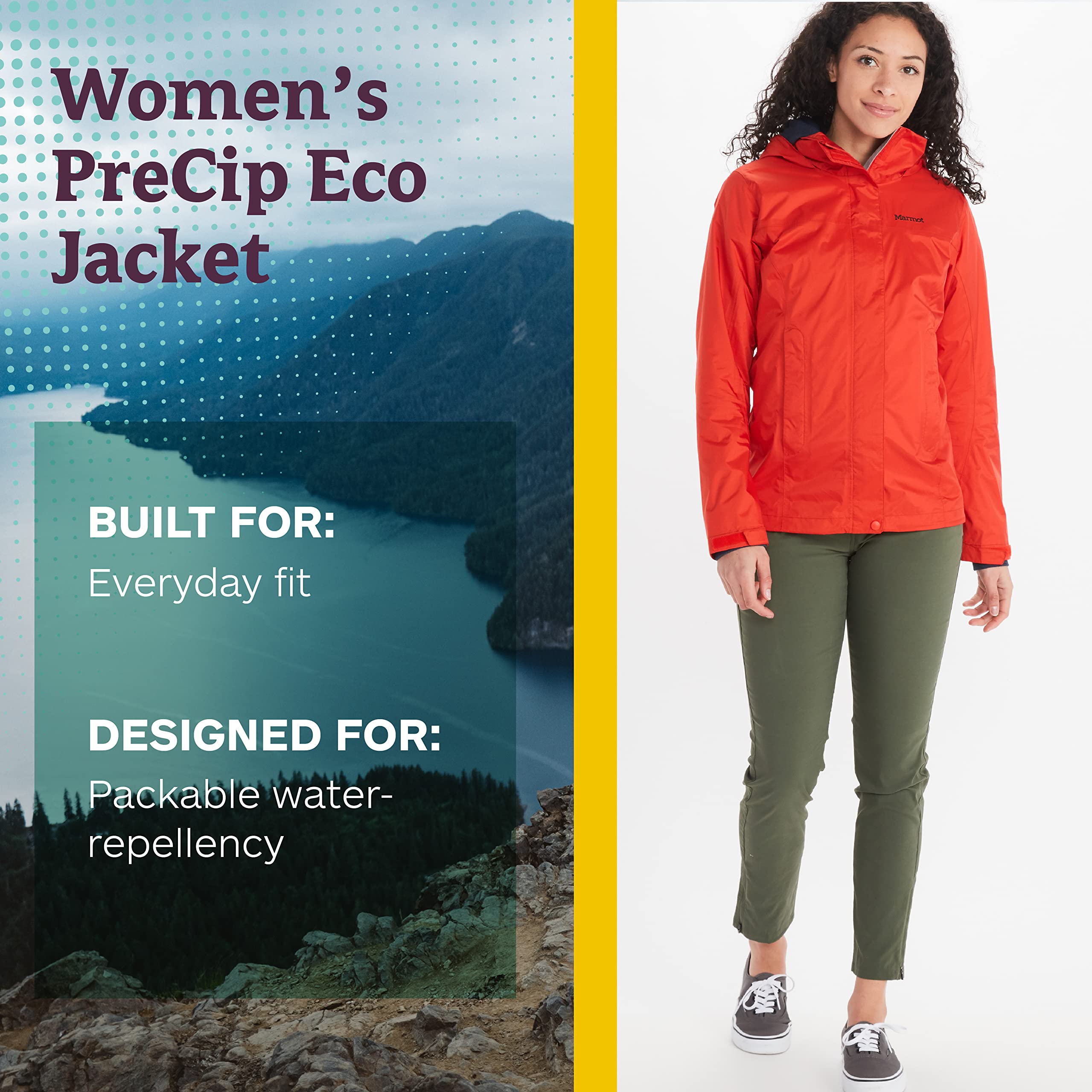 Marmot Wodoodporna kurtka przeciwdeszczowa, oddychający płaszcz przeciwdeszczowy z kapturem, lekka wiatrówka hardshell na wędrówki Kobiety Wm's PreCip Eco Jacket S22