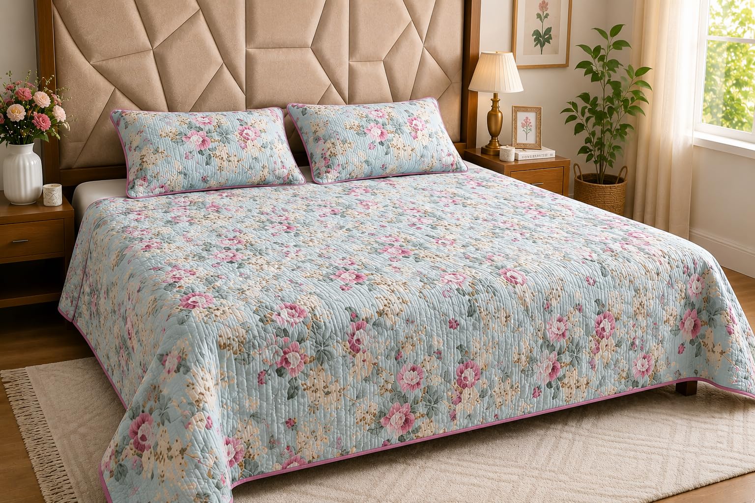 Floral Quilted Bedcover Set for King Size Bed, 100 × 108 Inches, Pastel Blue Bedspread with 2 Matching Pillow Covers, 3-Piece Bedding Set-image-44
