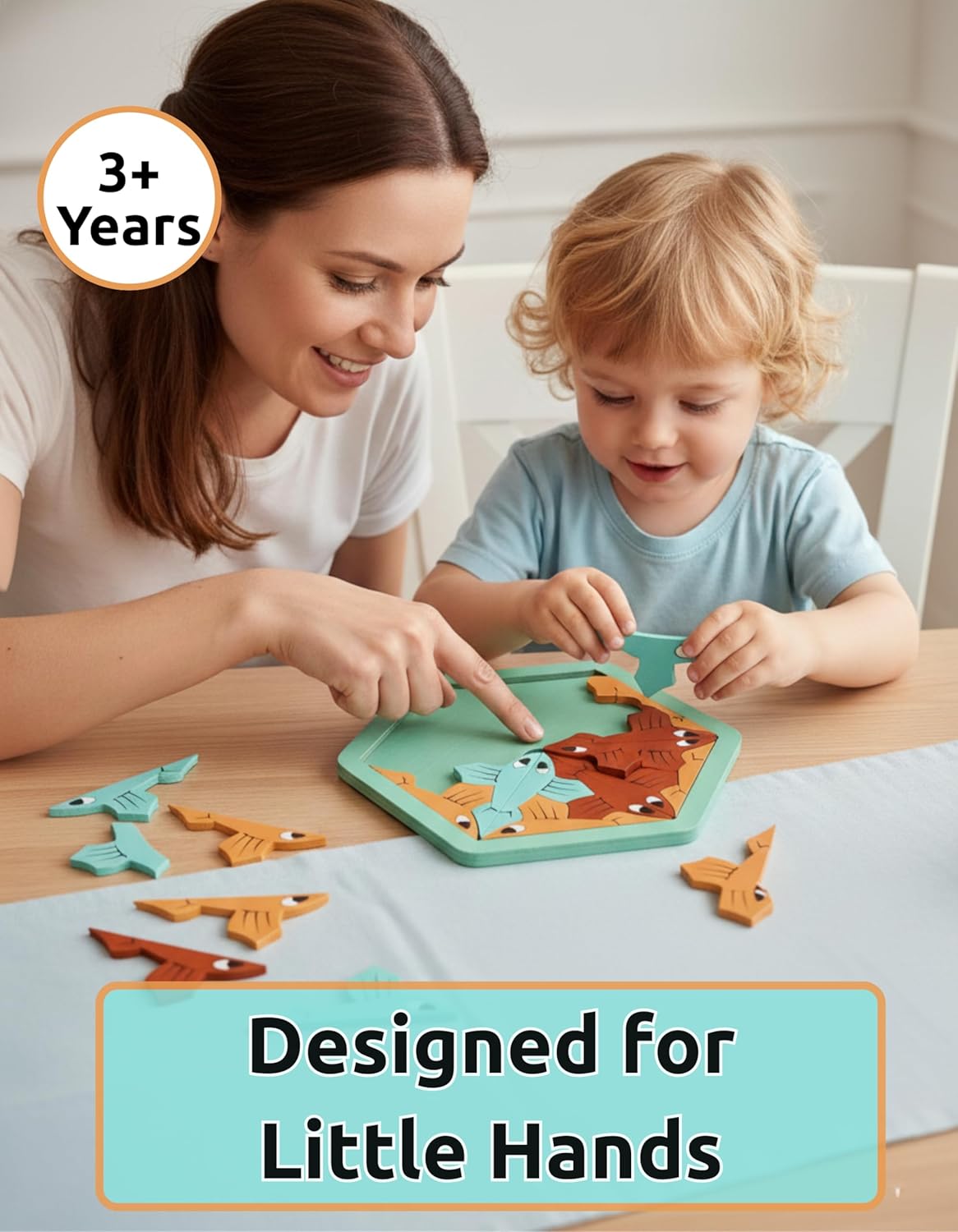 Wooden Goldfish Puzzle for Kids 3+ Years, 19-Piece Chunky Jigsaw Brain Teaser, Montessori Educational STEM Toy, Hexagonal Tray, Non-Toxic Solid Wood, Screen-Free Learning Gift for Toddlers Boys Girls